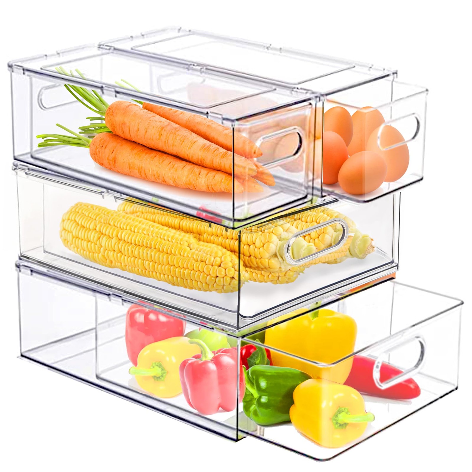 bealy 4 Pack Clear Storage Drawer Set, Stackable Fridge Drawer Organizer Frui…