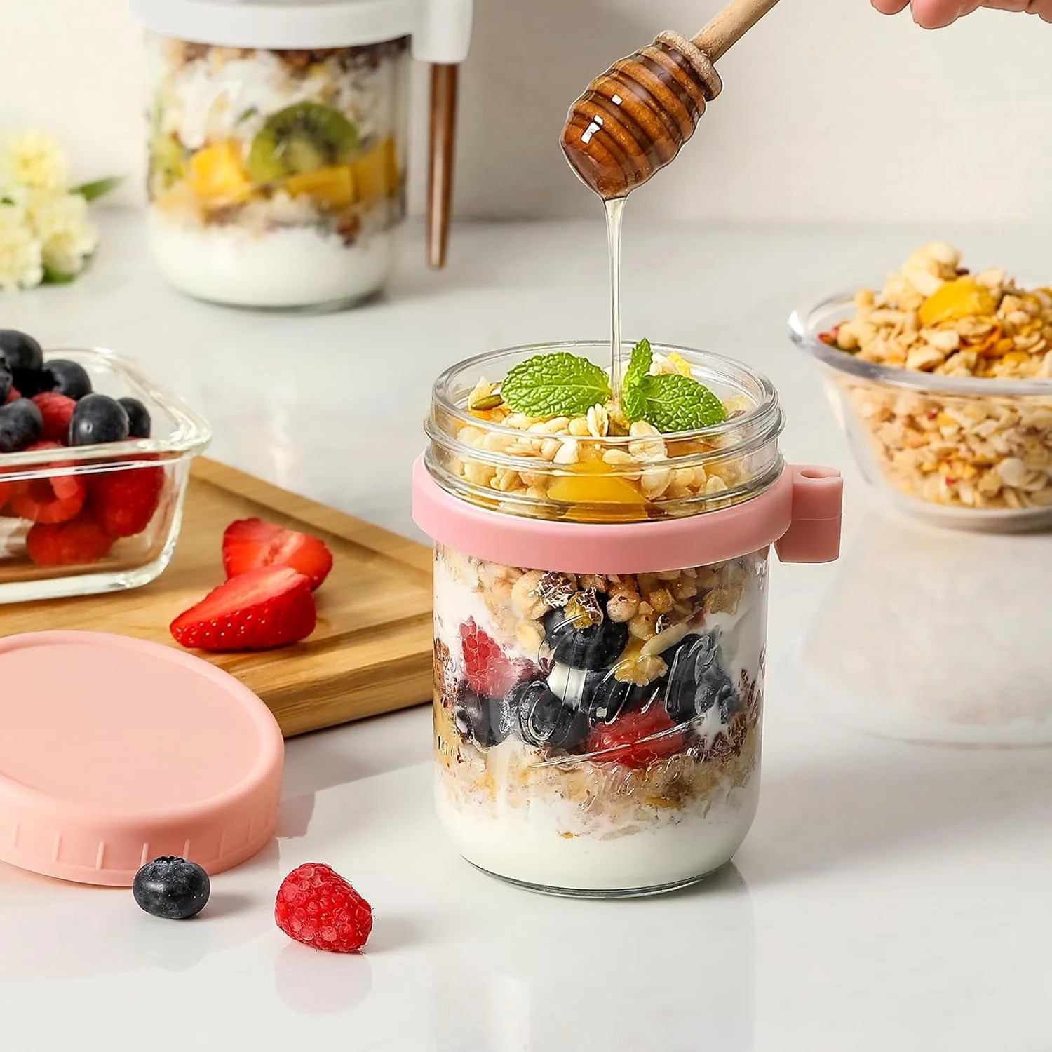 4 Pack Overnight Oats Containers with Lids and Spoons, 16 oz Glass Mason Jars wi
