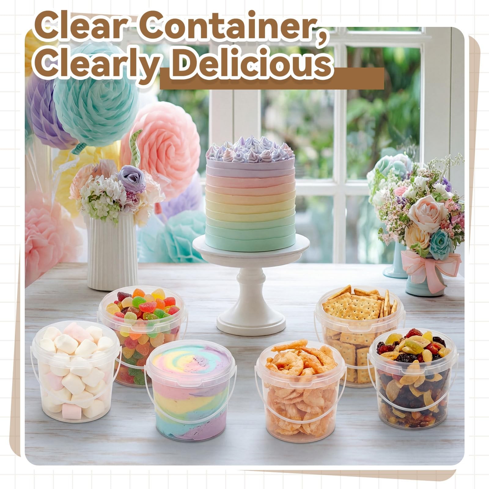 20 Pack 16 oz /500 ml Clear Plastic Bucket with Handle and Lids Food Storage …