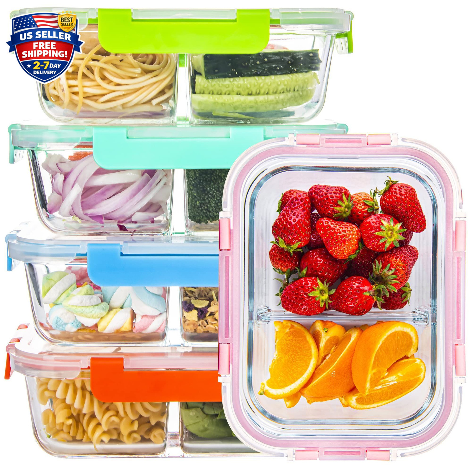 Glass Meal Prep Containers 2 Compartment with Lids (5 Pack 34Oz) Divided Storage