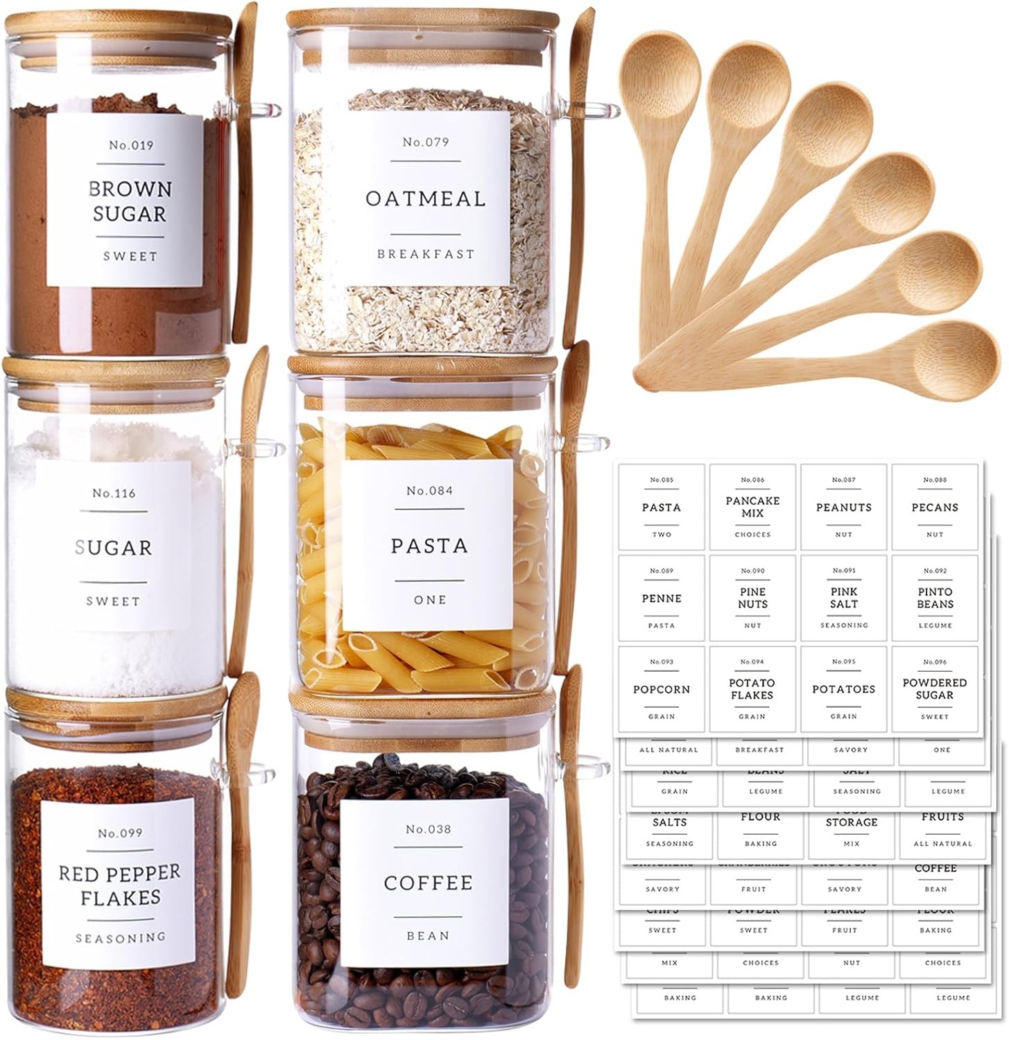 6 Pack Glass Jars with Bamboo Lid and Spoons – 17Oz/27Oz Borosilicate Glass Jars