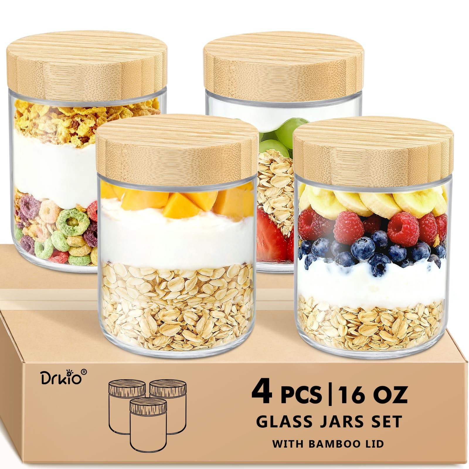 16 Oz Overnight Oats Containers with Lids – 4 Pack Glass Storage Jars with Ai…