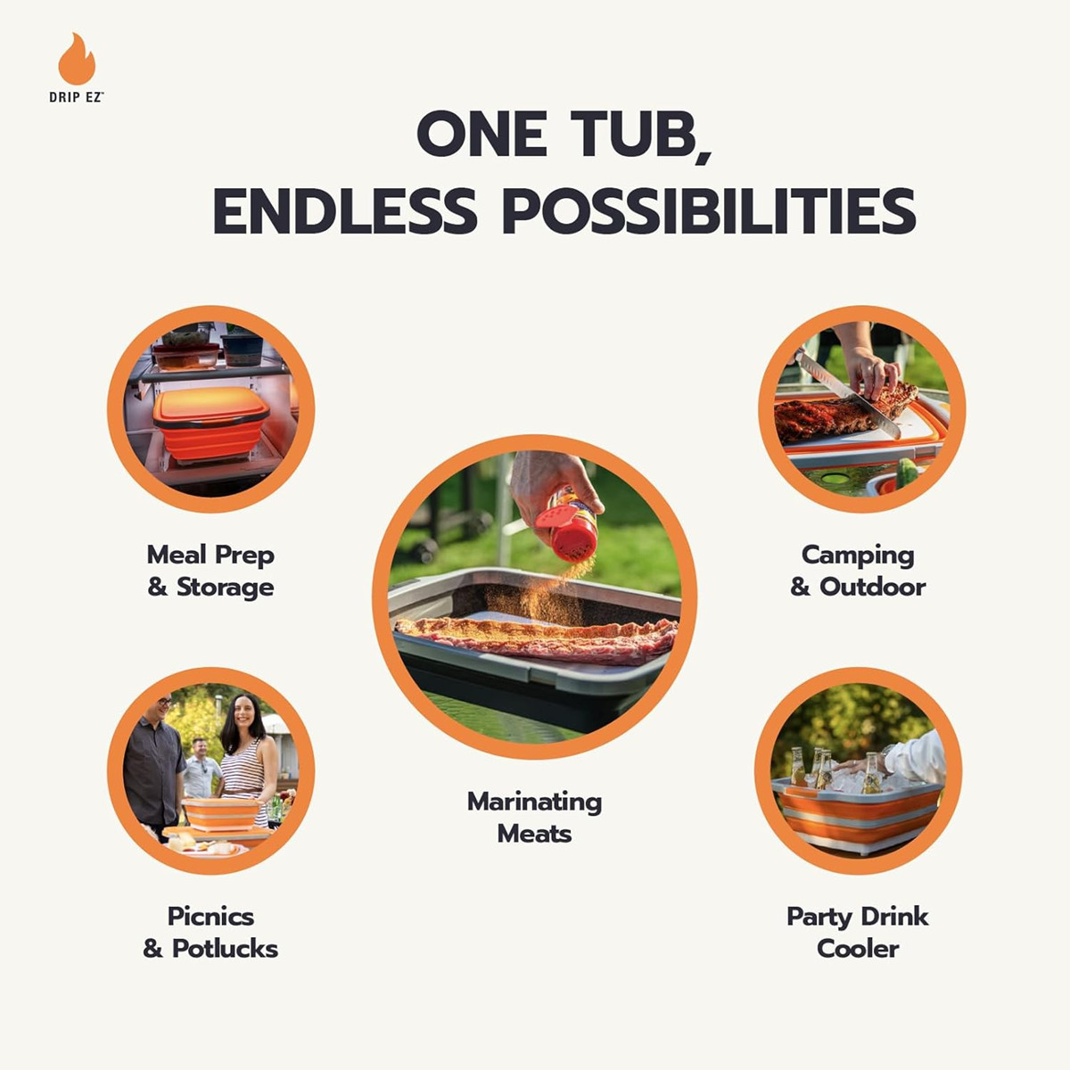 Drip EZ Collapsible BBQ Prep Tub – for Meal Prep Marinating Food Storage -(1) XL