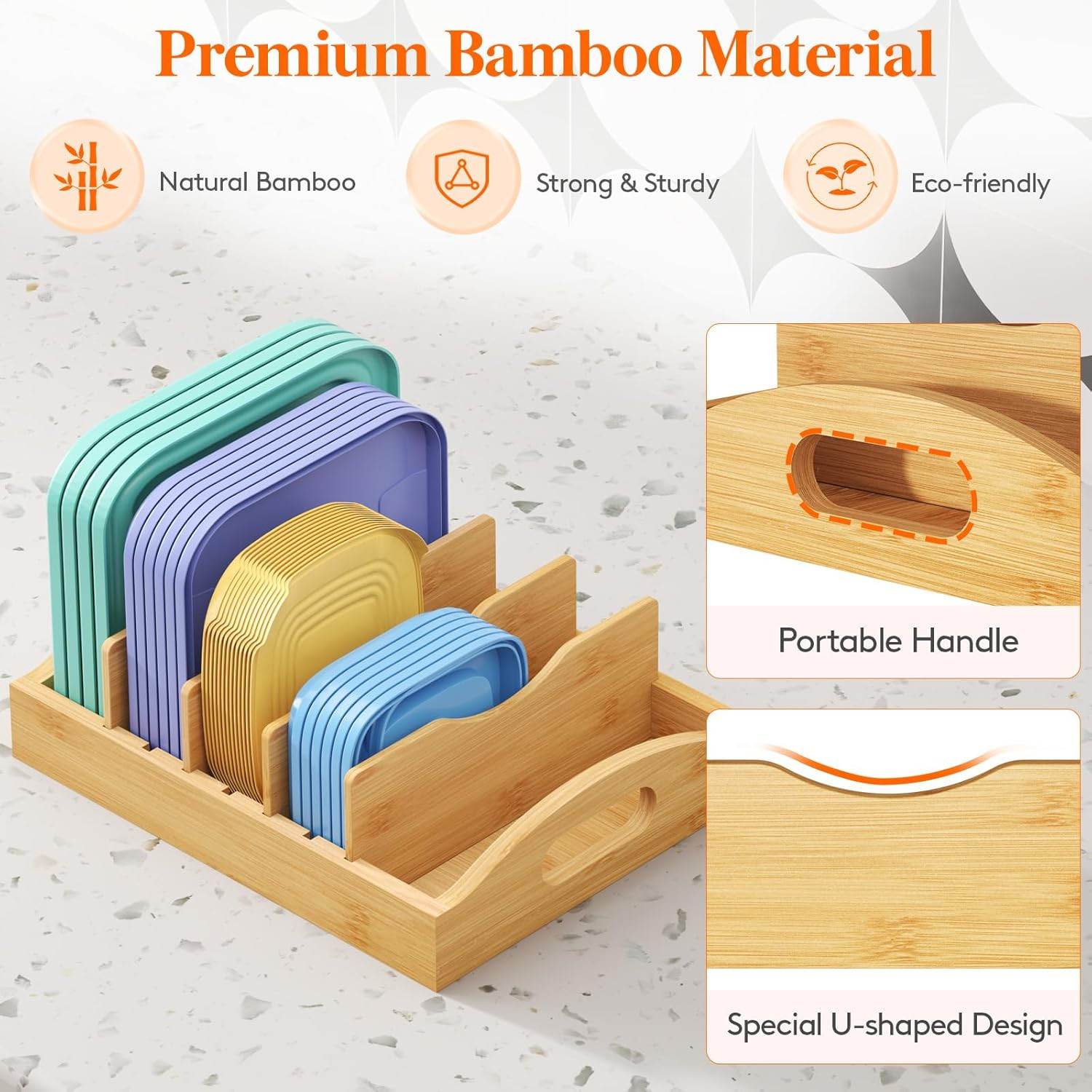 Bamboo Lid Organizers for inside Cabinet, Food Storage Container Lid Holder with