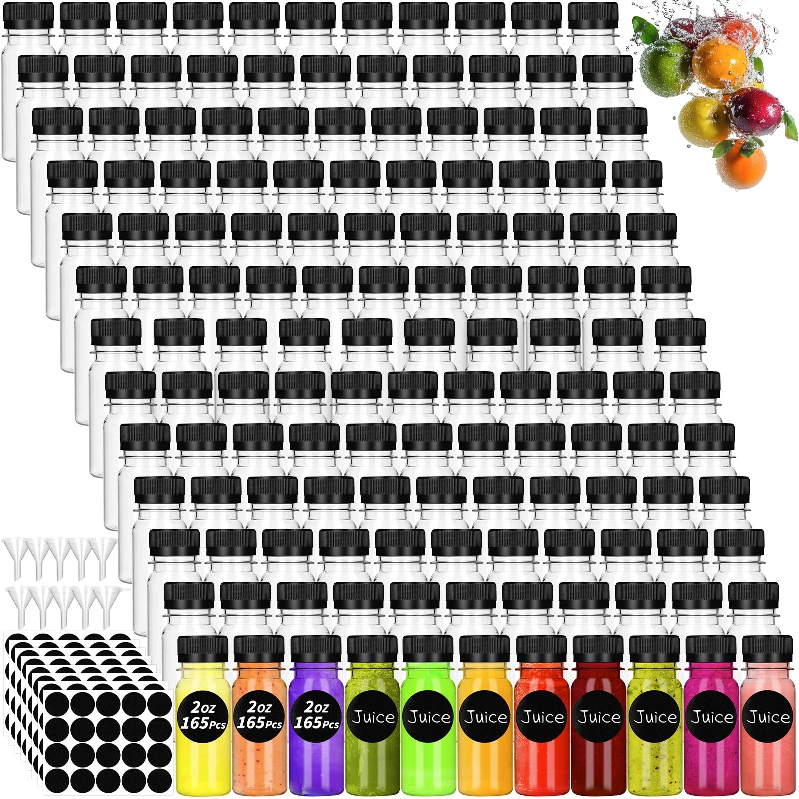 UZLU 165 Pcs 2 oz Small Plastic Juice Bottles with Black Caps Mini Clear Ginger