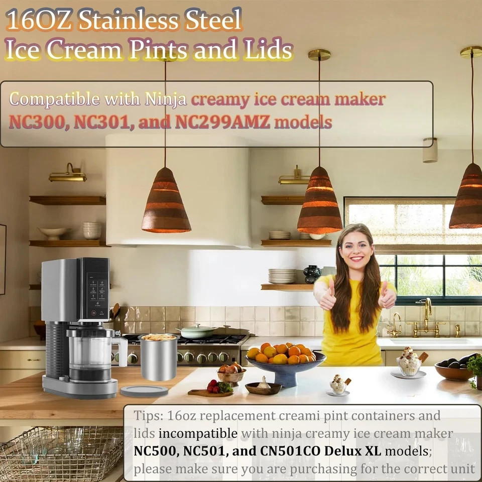 Stainless Steels Fit for Ninja Creami Containers- 4 Pack, 16oz Cups, with Nin…