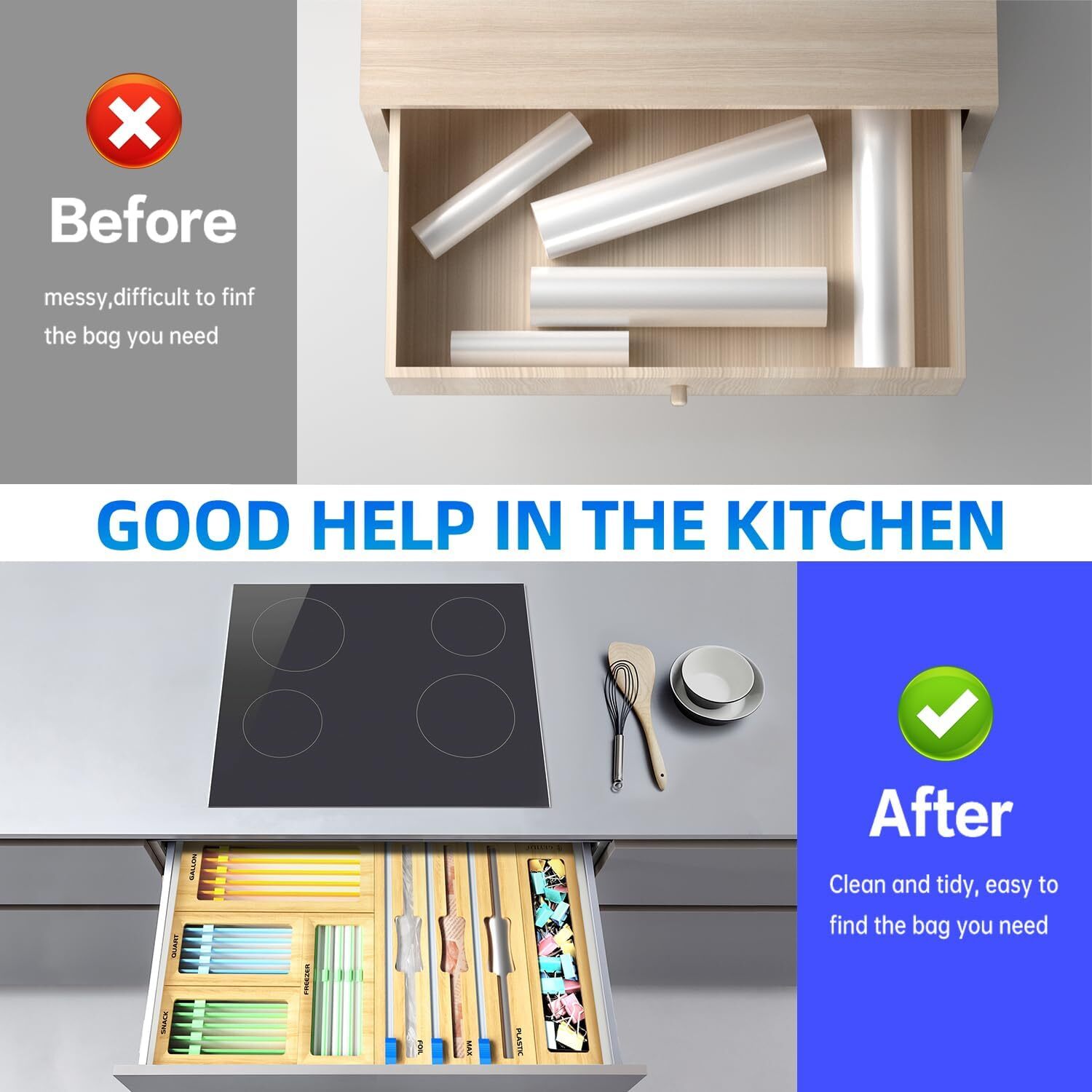 8PCS Bamboo Storage Bag Organizer for Kitchen Drawer With Cutters and Labels