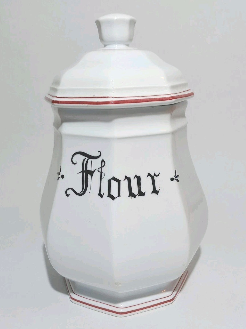Vintage Ceramic Flour Canister Jar 11″x7″ White Red Italy Gothic Hand Painted