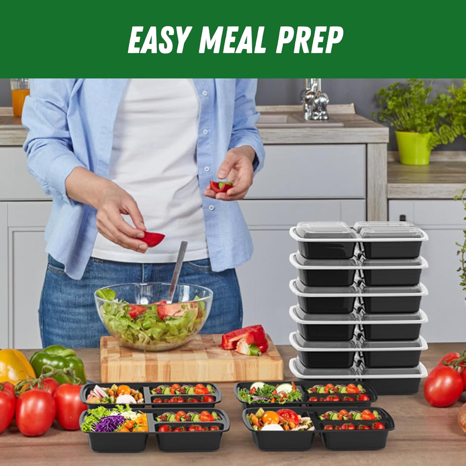 50 Pack (100-Piece) 32 Oz Meal Prep Containers Reusable with Lids 3-Compartment,