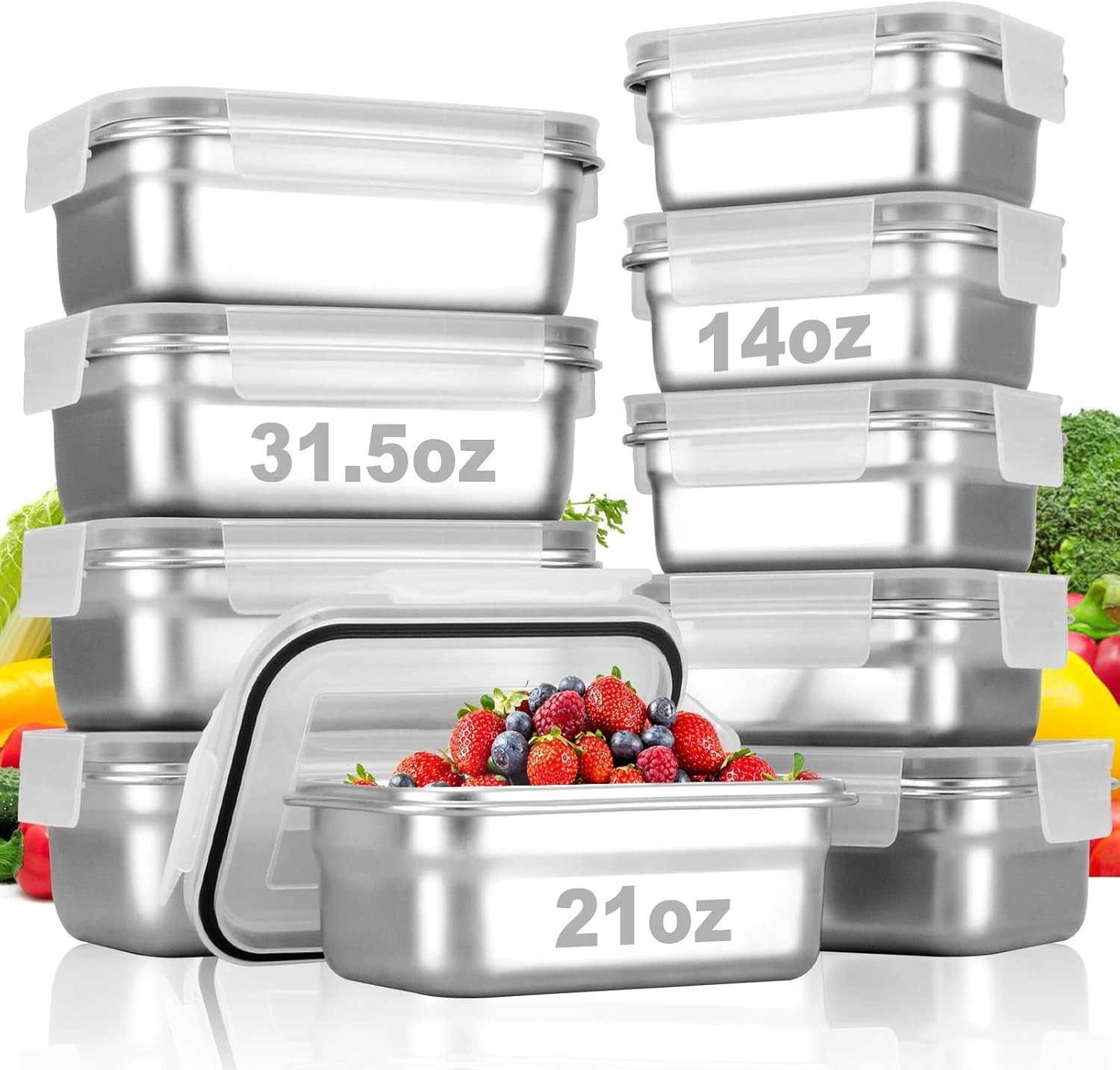 10 PC Square 304 Stainless Steel Food Containers W/ Lids Airtight Bento Lunch