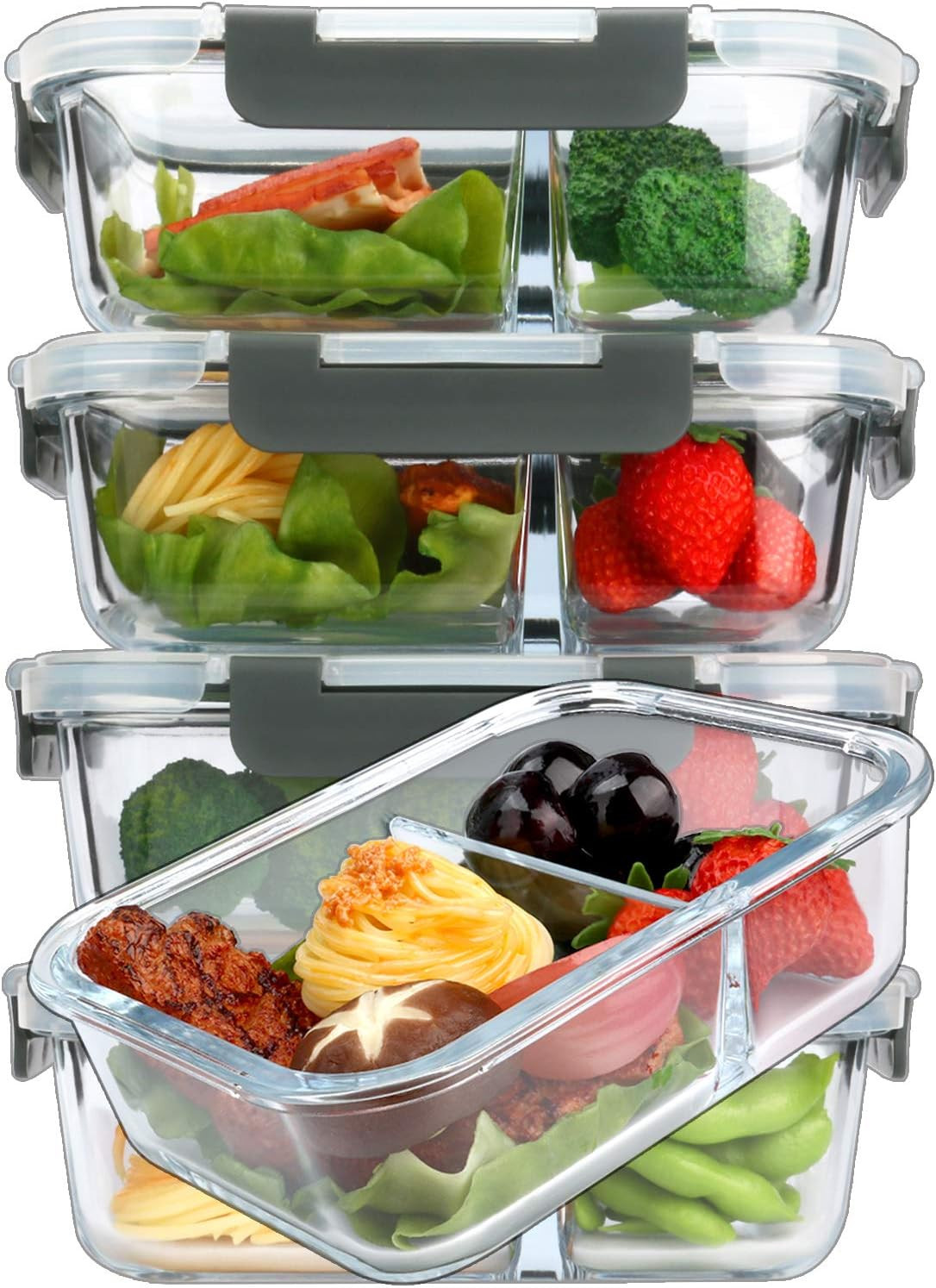 [5-Pack,36 Oz] Glass Meal Prep Containers 2 Compartments Portion Control with Up