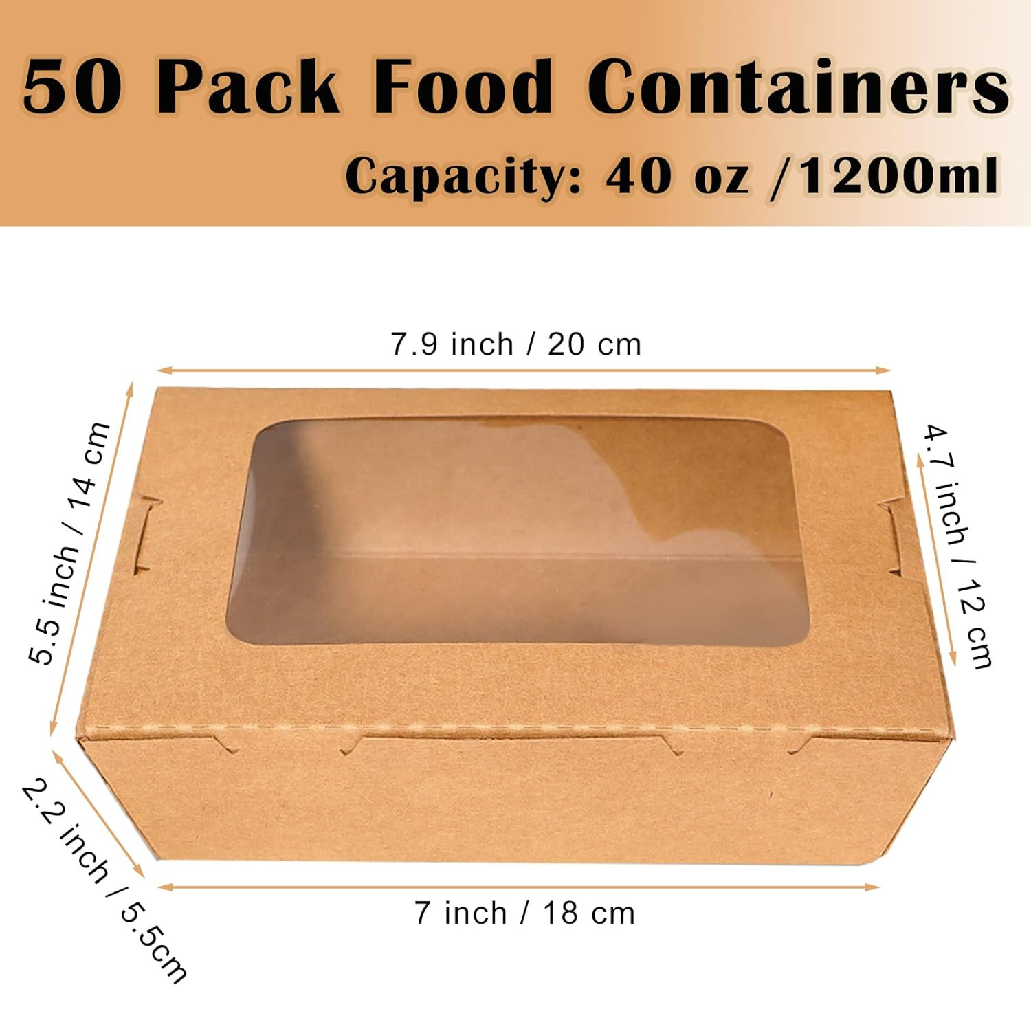 50 Pack Take Out Food Containers with Window 40 Oz Kraft Paper Food to Go Box
