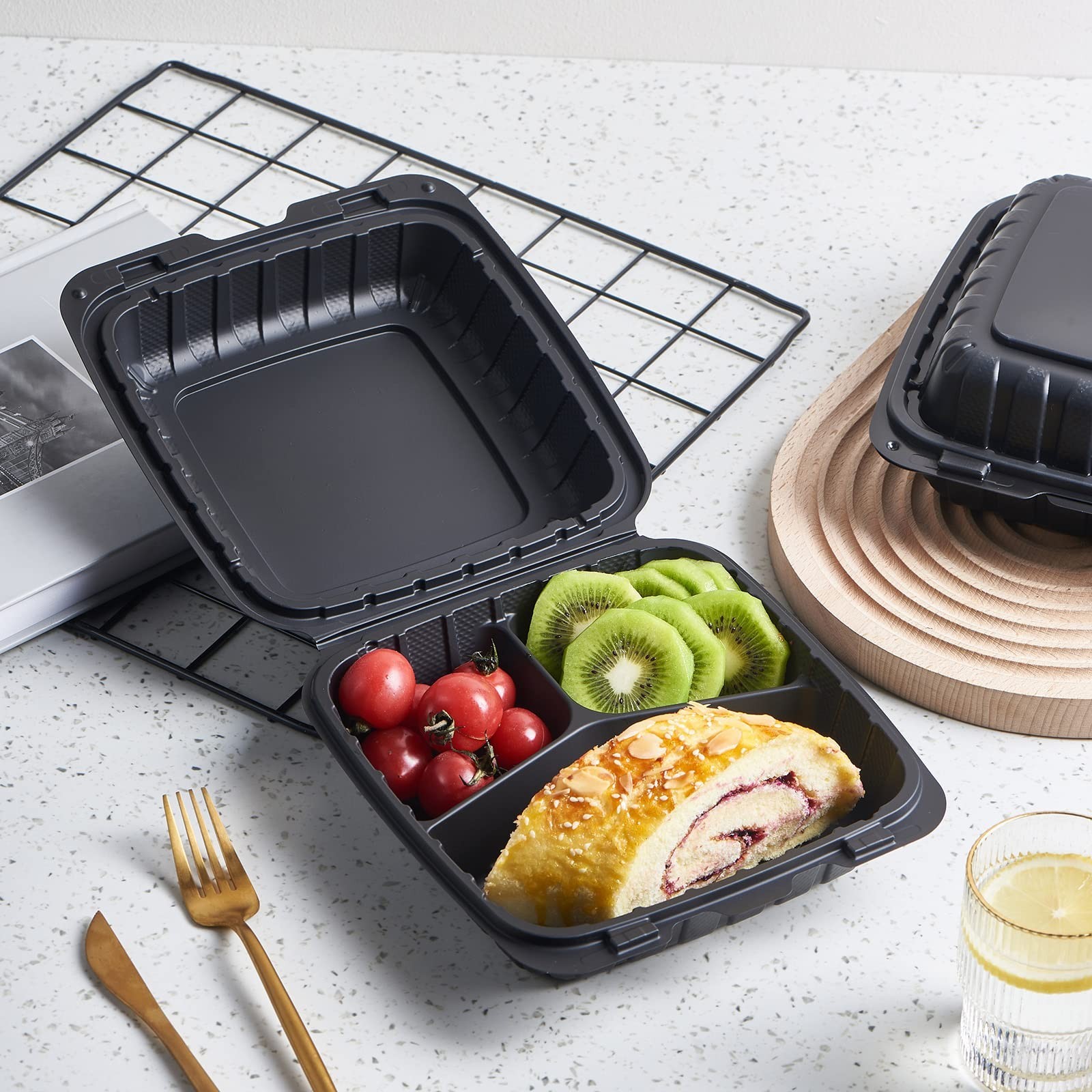 50-Pack Heavy Duty 3-Compartment Clamshell Takeout Food Trays – Disposable Meal