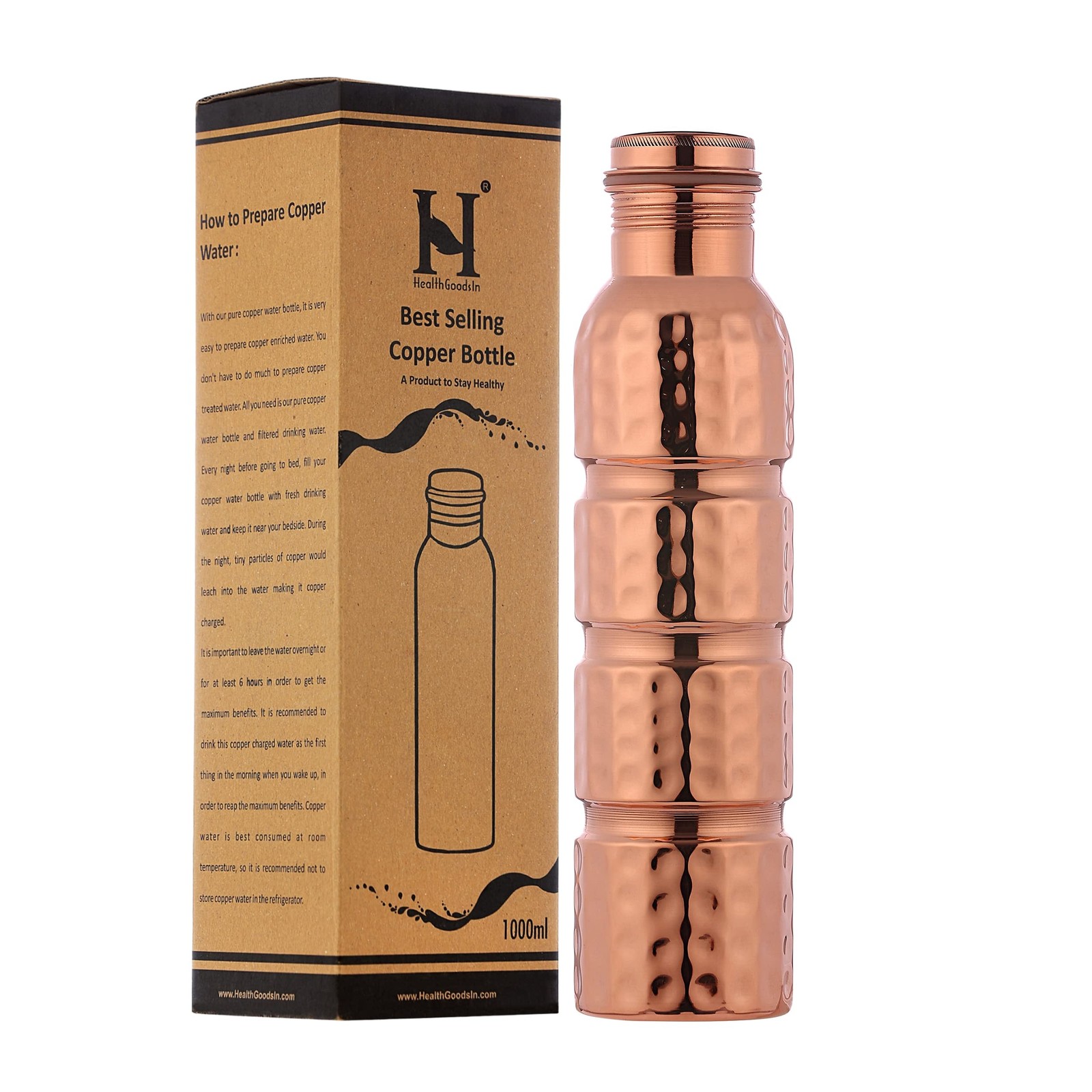 Healthgoodsin Pure Copper Water Bottle Hammered Seamless Unlined Uncoated And