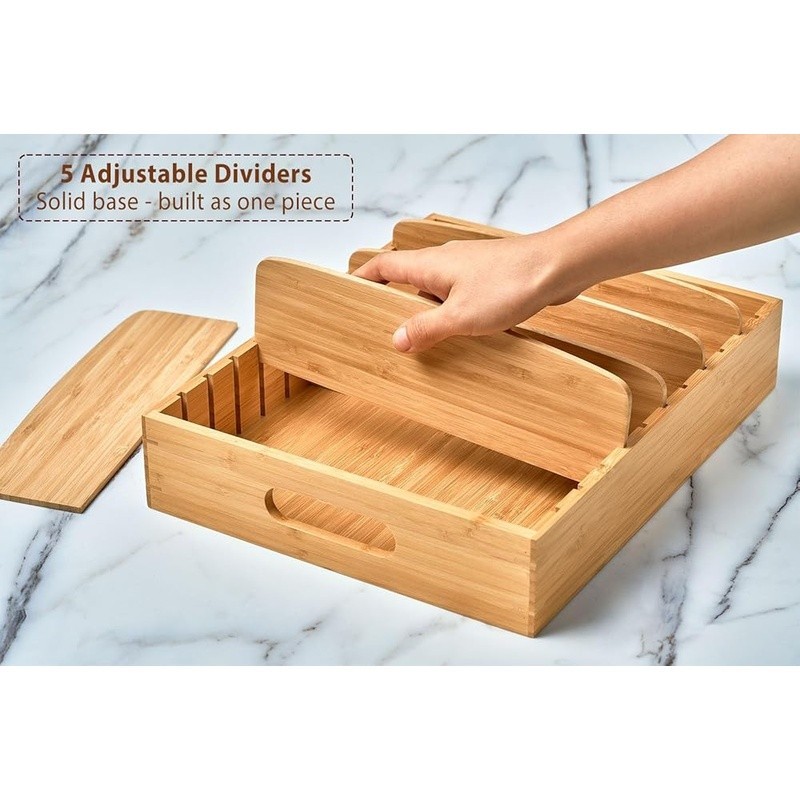 Bamboo Food Container Lid Organizer Adjustable Compartment Storage Tray W/ Grip