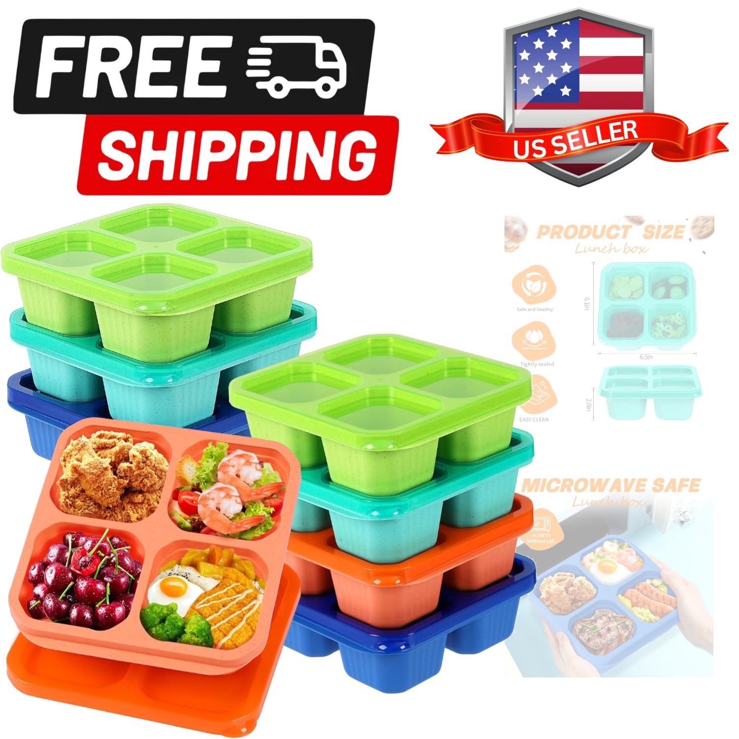 8 Pack Bento Snack Containers Set， 4 Compartment Food Storage Containers ，Whe…