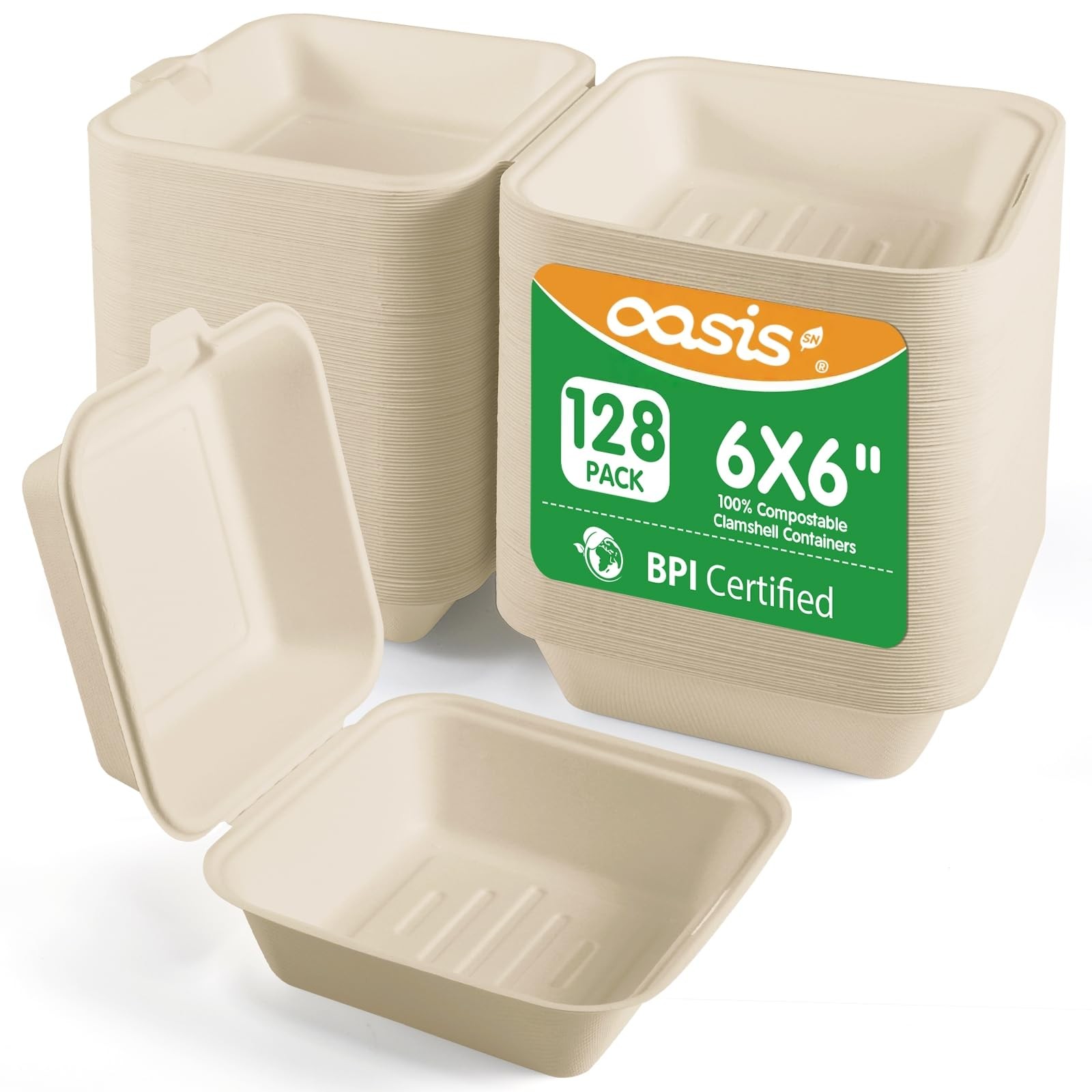 𝟲𝘅𝟲”, 𝟭𝟮𝟴-𝗣𝗮𝗰𝗸 Compostable Clamshell Take Out Food Containers, Biod…