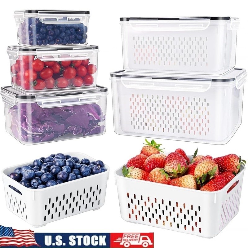 Plastic Fridge Storage Containers 5 Packs BPA Free Food Saver Colander New