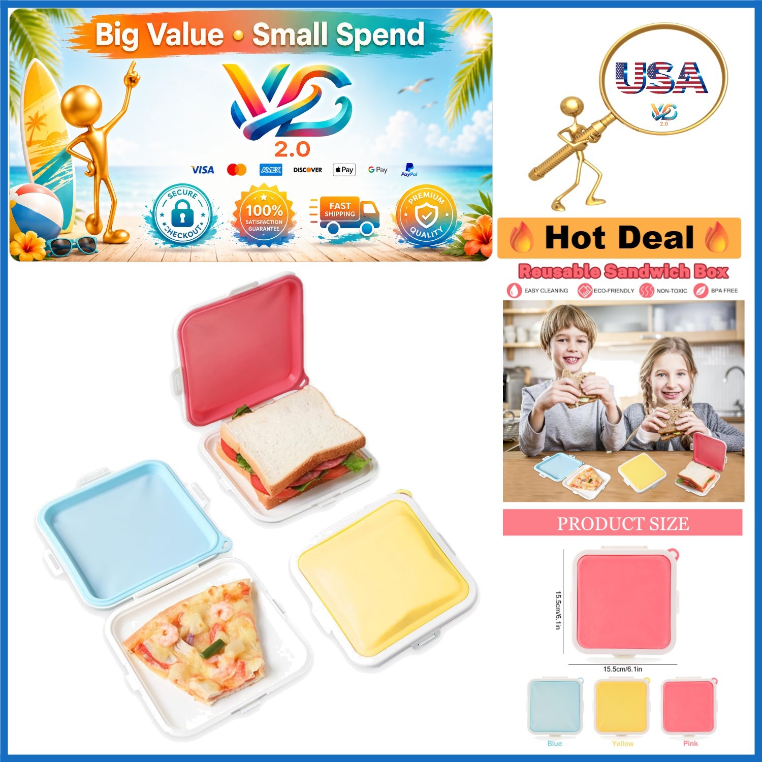 3 Pack Silicone Sandwich Containers BPA Free Leakproof Reusable Food Storage