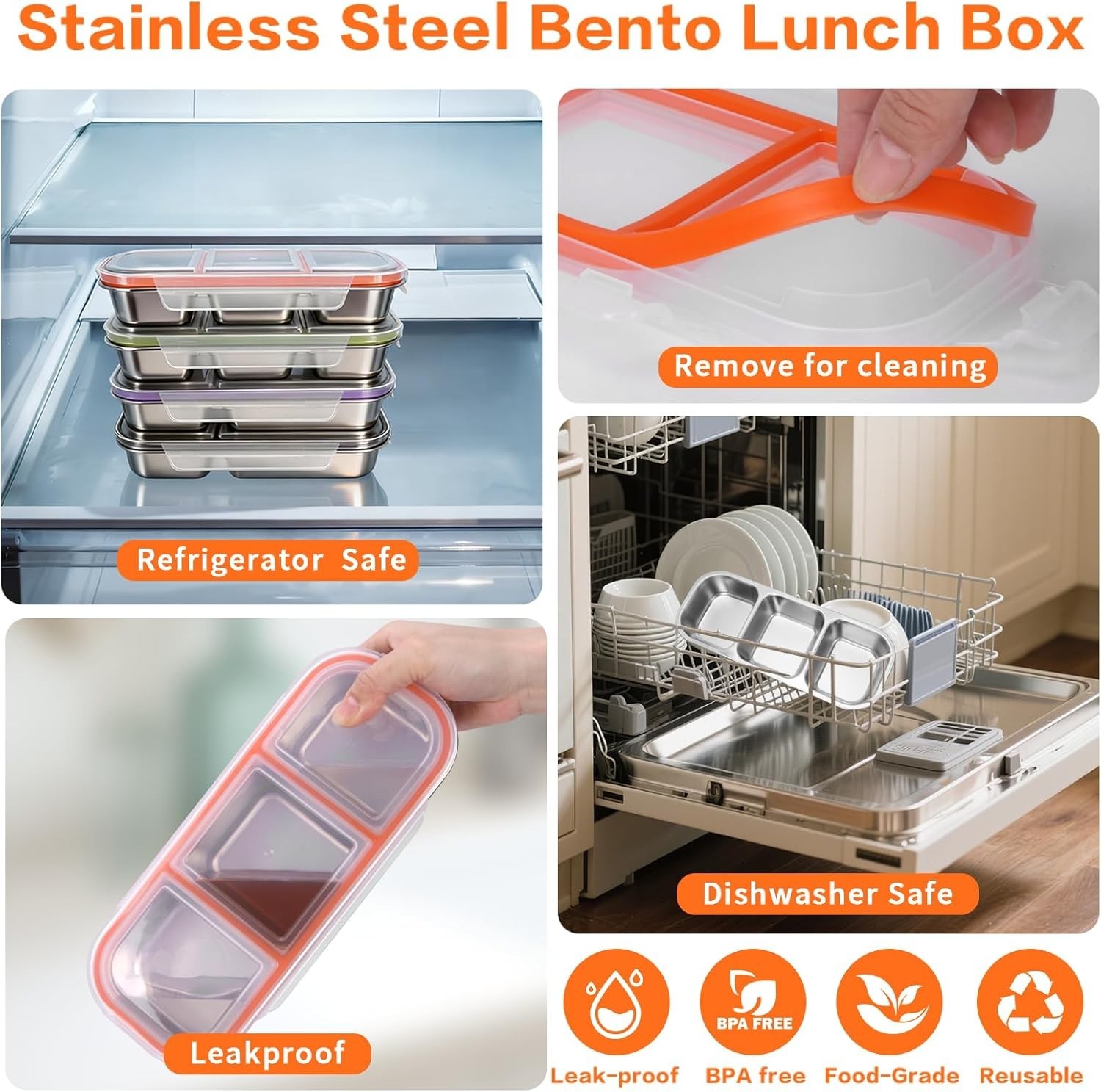 4 Pack Stainless Steel Snack Containers with Lids, 3-Compartments Reusable Lu…