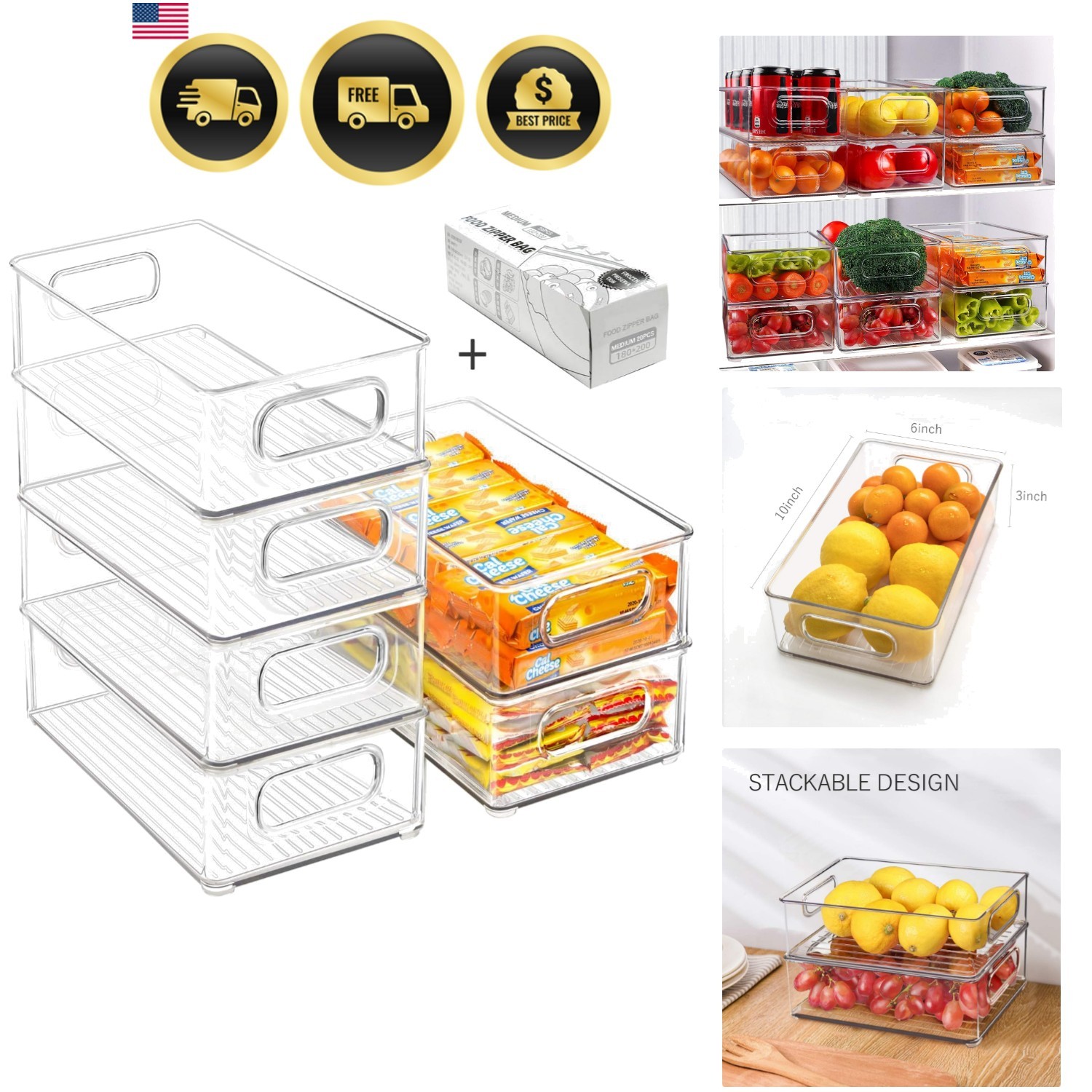 Refrigerator Organizer Bins Stackable Storage Containers with Handles 6 Pack