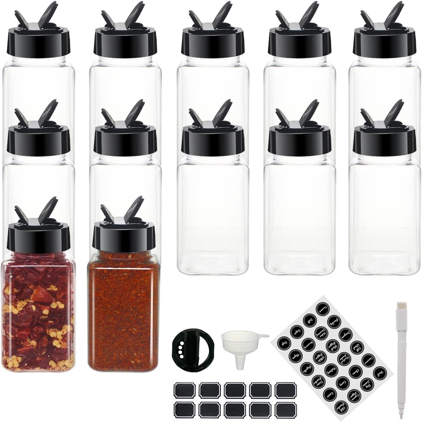 12 Pack 4oz Clear Plastic Spice Jars With Black Plastic Lids, Square Spice Bo…