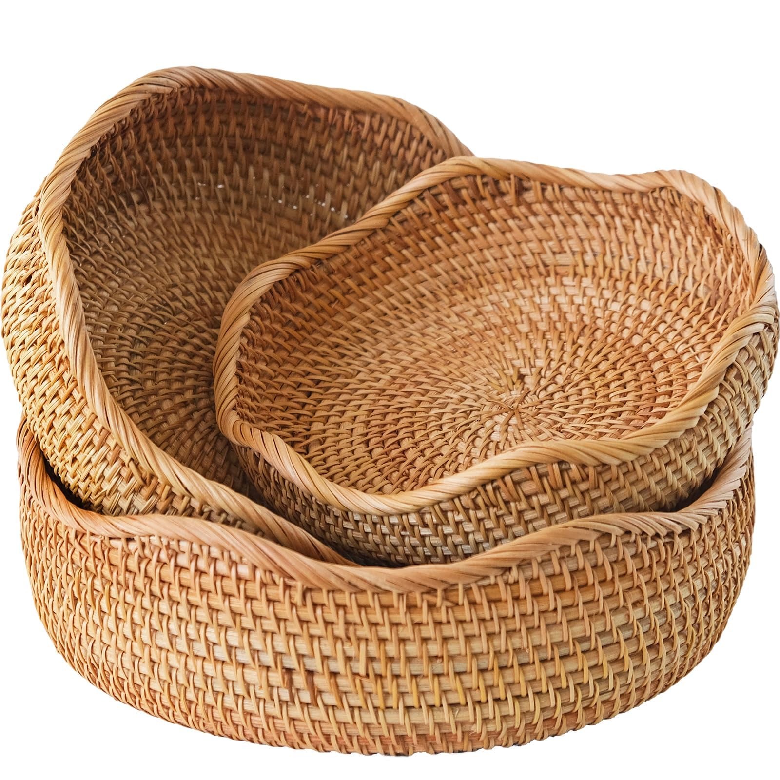 Rattan Bread Baskets Set of 3, Round Woven Serving Basket Bowls, Natural Wick…