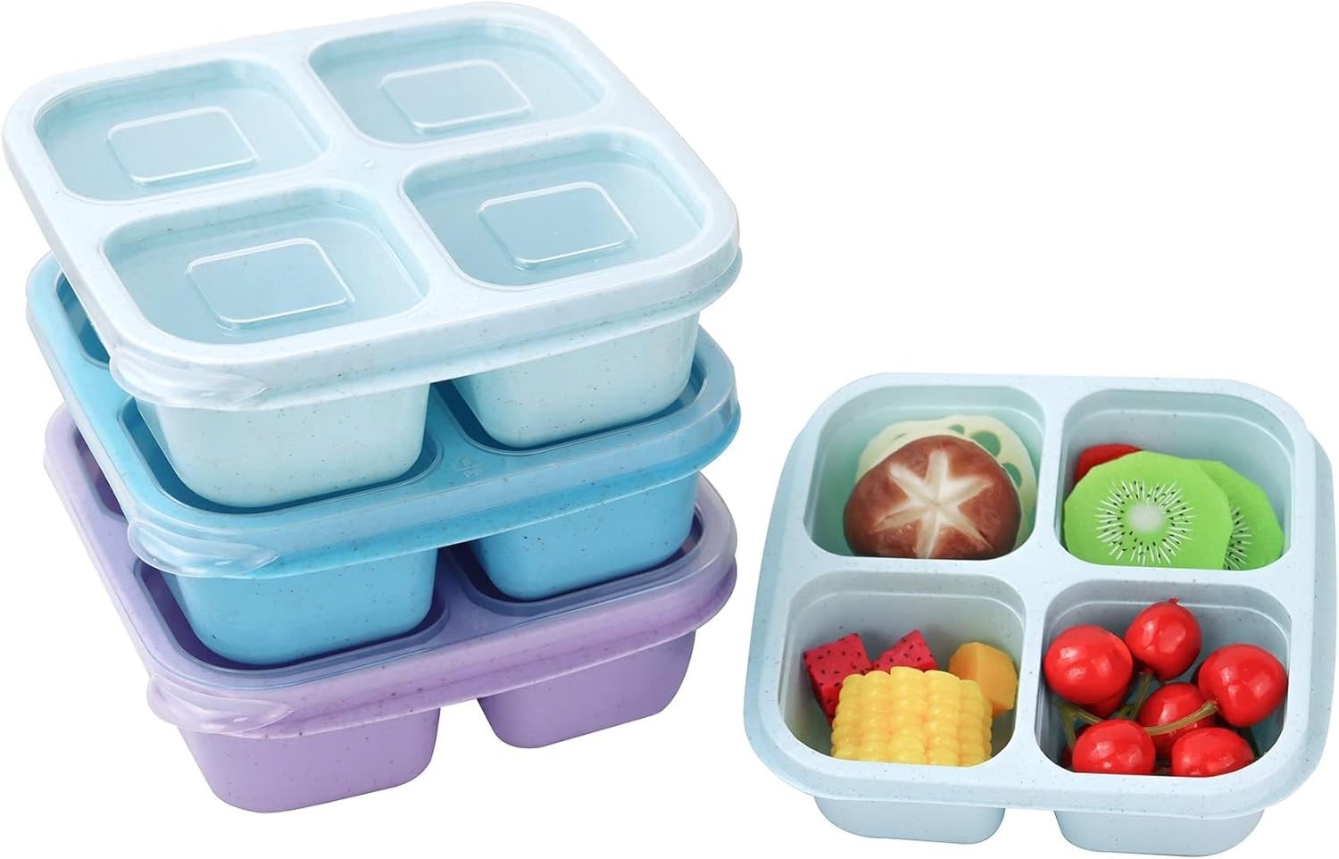 3 Pack Wheat Straw Containers, 4 Compartment Reusable Snack Bento Box Toddler…
