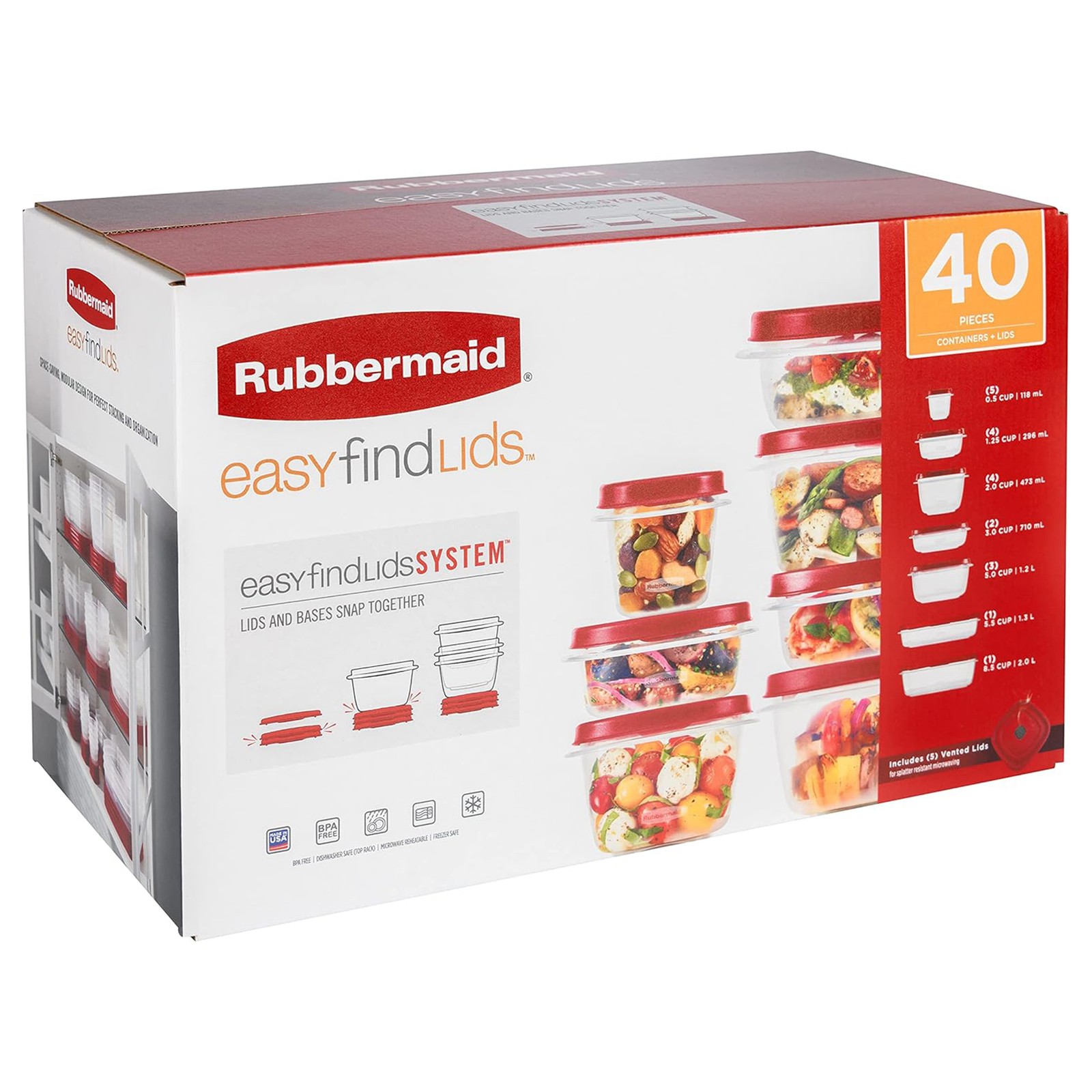 Rubbermaid Food Storage Container with Microwave Vented Lids, 40 Piece Set, Red