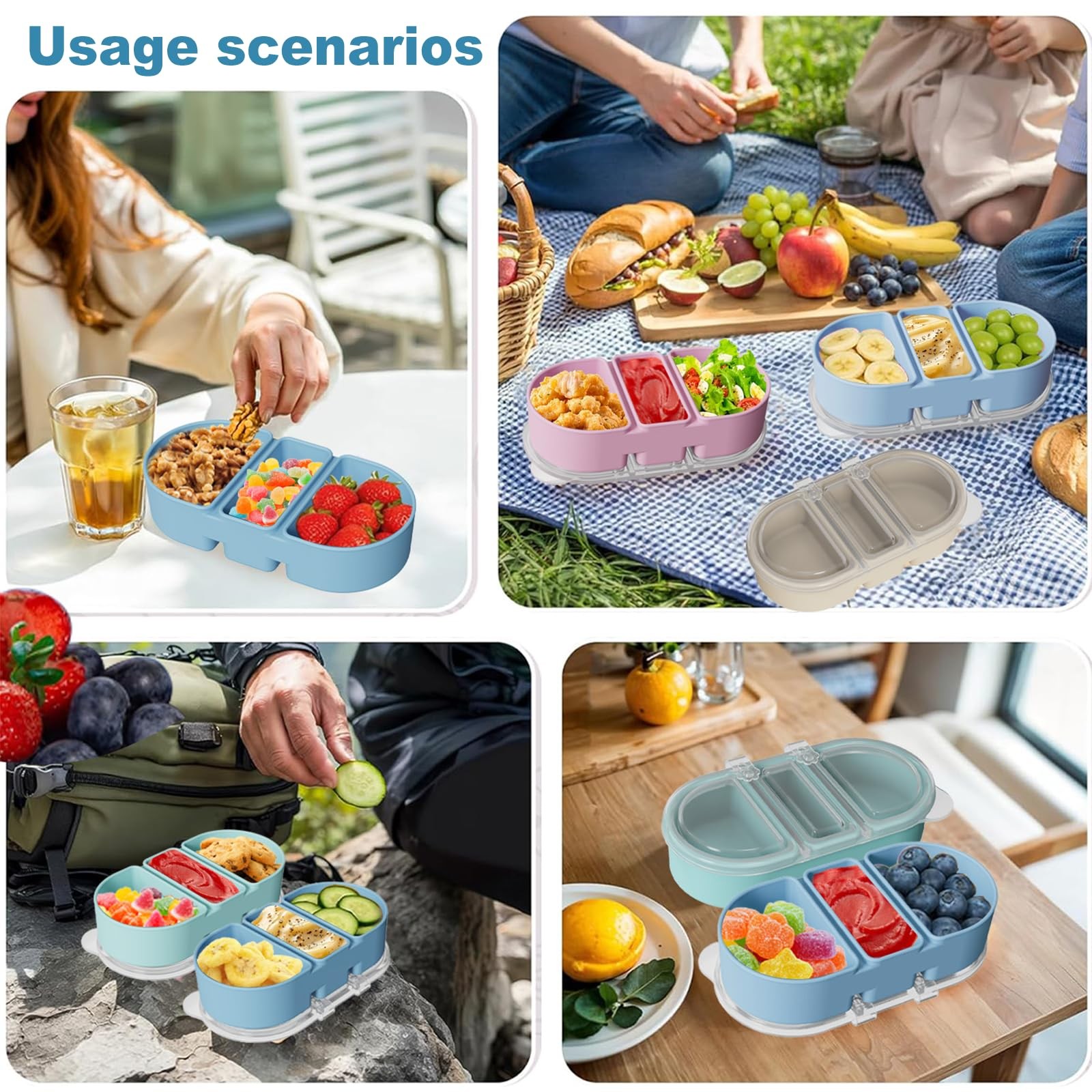 Silicone Snack Containers 3 Compartments Reusable Snackle Box with Lids Pack …