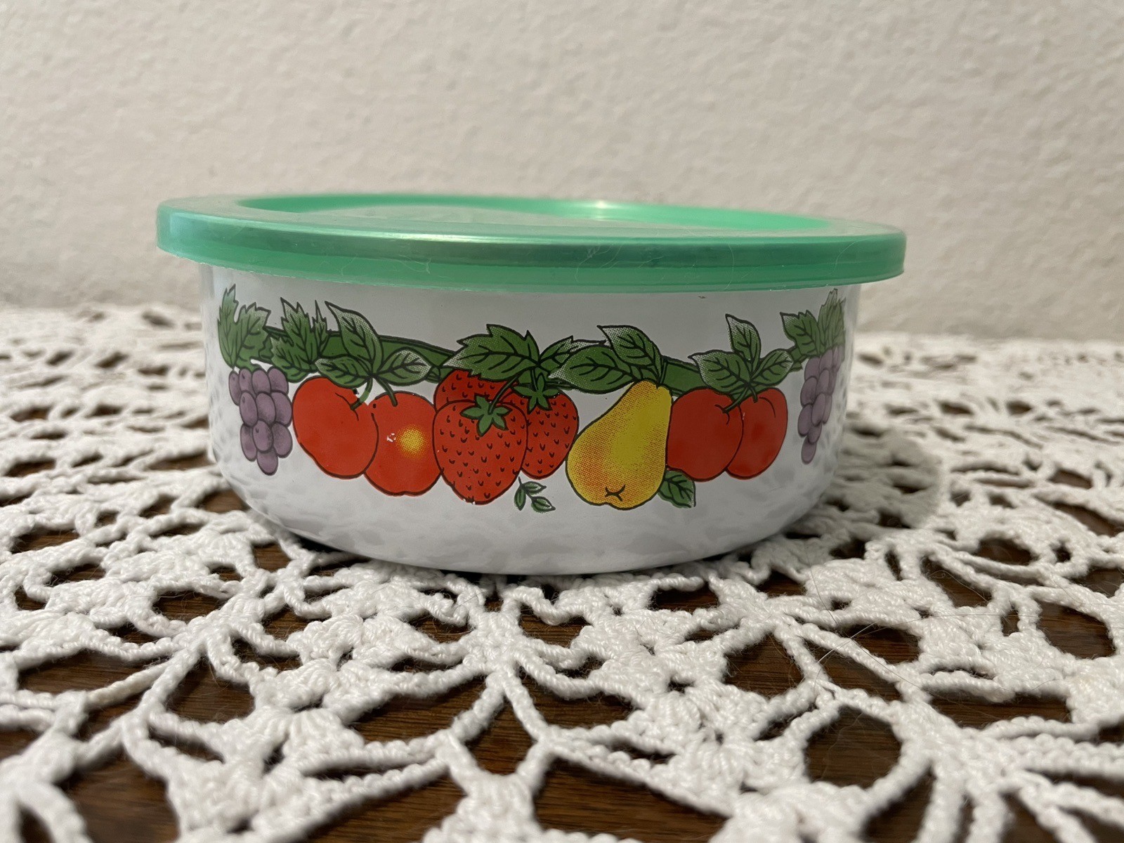 Set of 3 Vintage Aluminum Food Storage Bowls with Fruit Design and 2 Green Lids