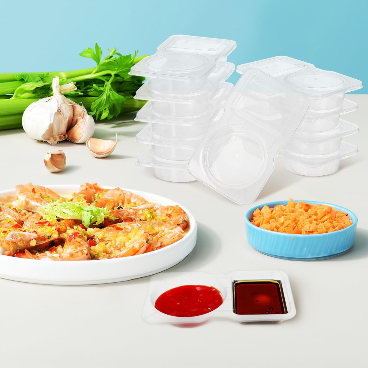 Double Compartment Sauce Cups with Lids 30-Pack Mini Disposable Condiment Con…