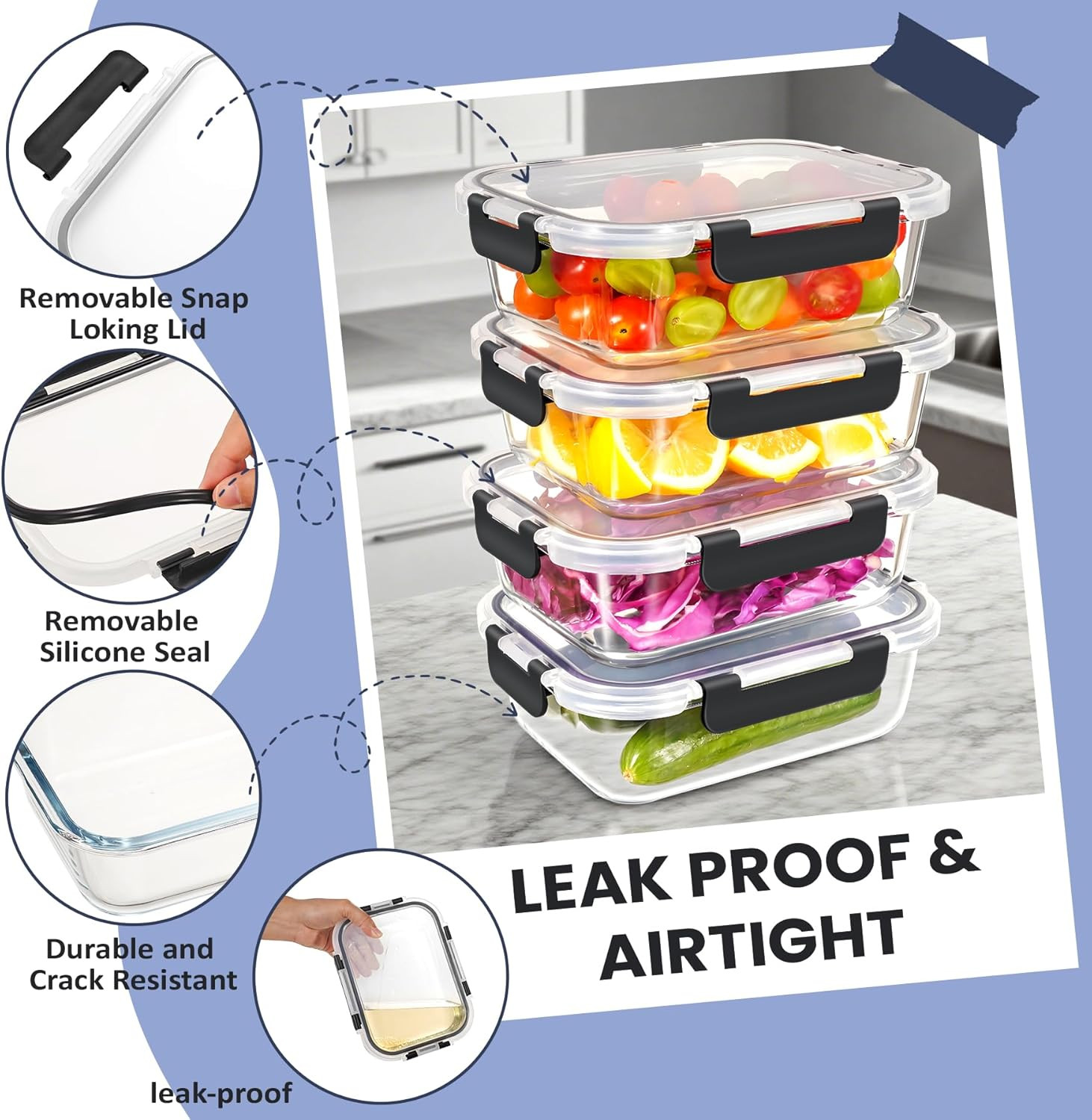 Airtight 35oz Glass Food Storage Containers – 4-Pack, Safe for Microwave & Oven