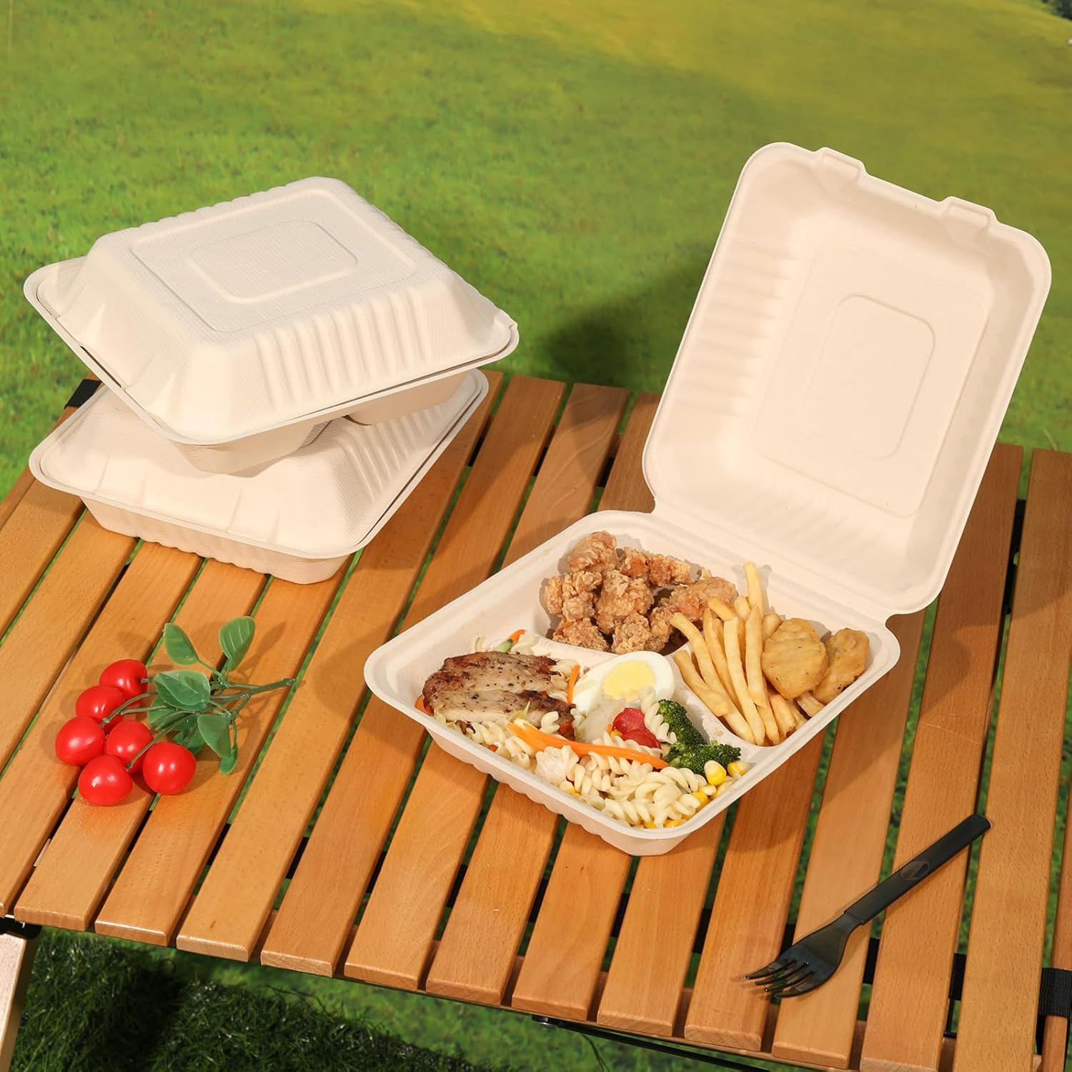 3‑Compartment 8×9″ Compostable Takeout Boxes 100‑Pack PFAS‑Free Bagasse