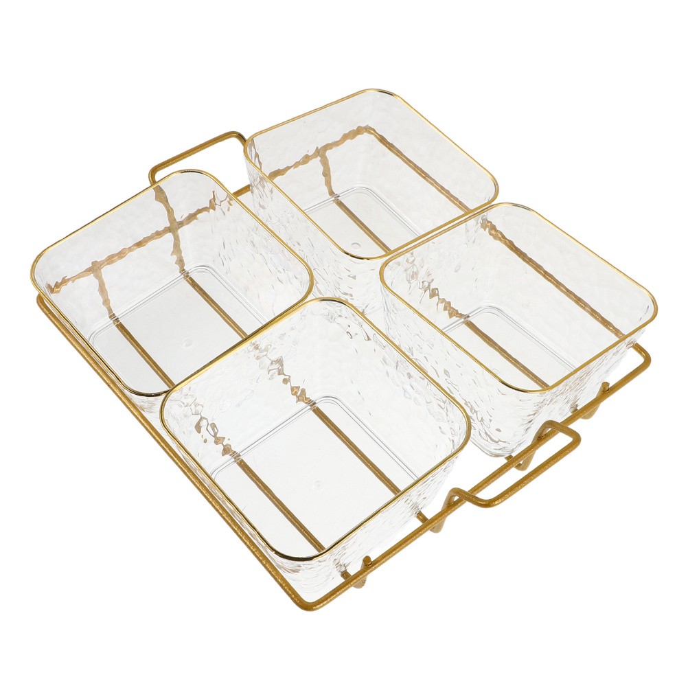 Four Compartment Clear Acrylic Snack Tray Bowl With Metal Rack For Serving