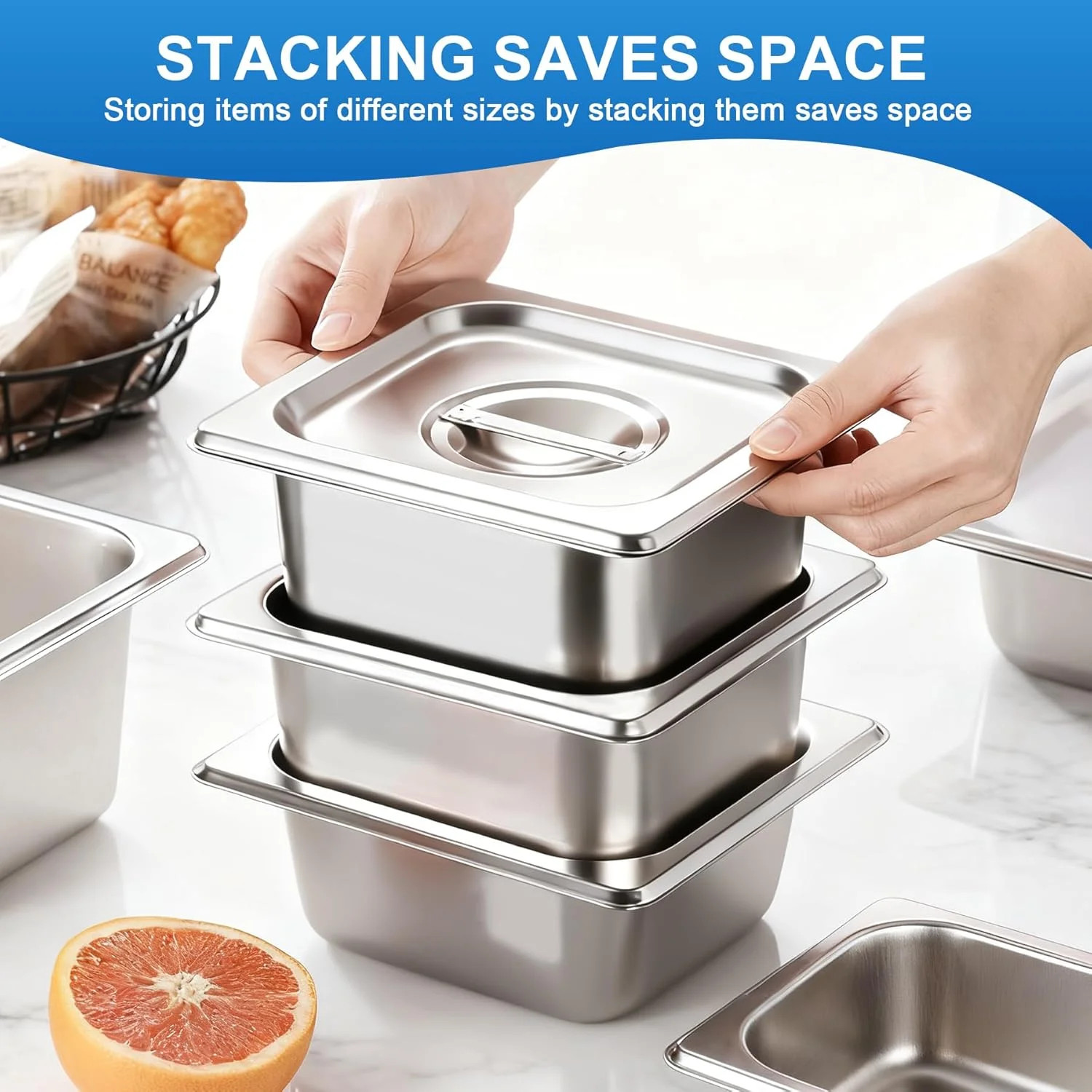 Philbinden 4 Pack Stainless Steel Hotel Pans 1/6 Size 4 Inch Deep With Lids, 0.7