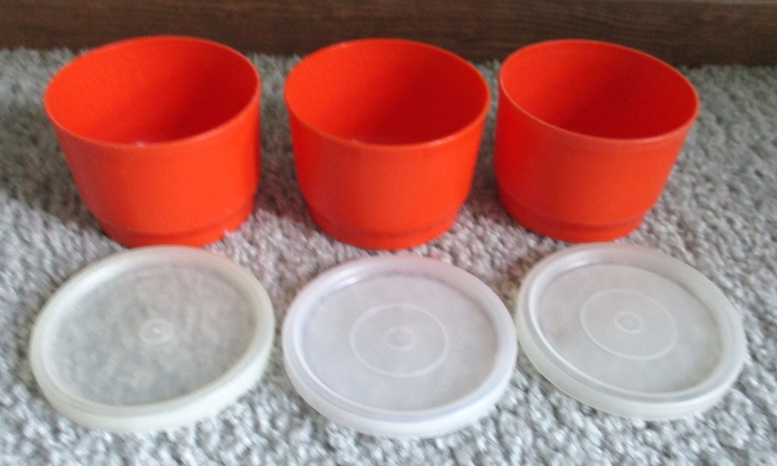 Vintage Tupperware Set of 3-Orange Snack Cups-4 oz. #1229 & Lid Seals #297