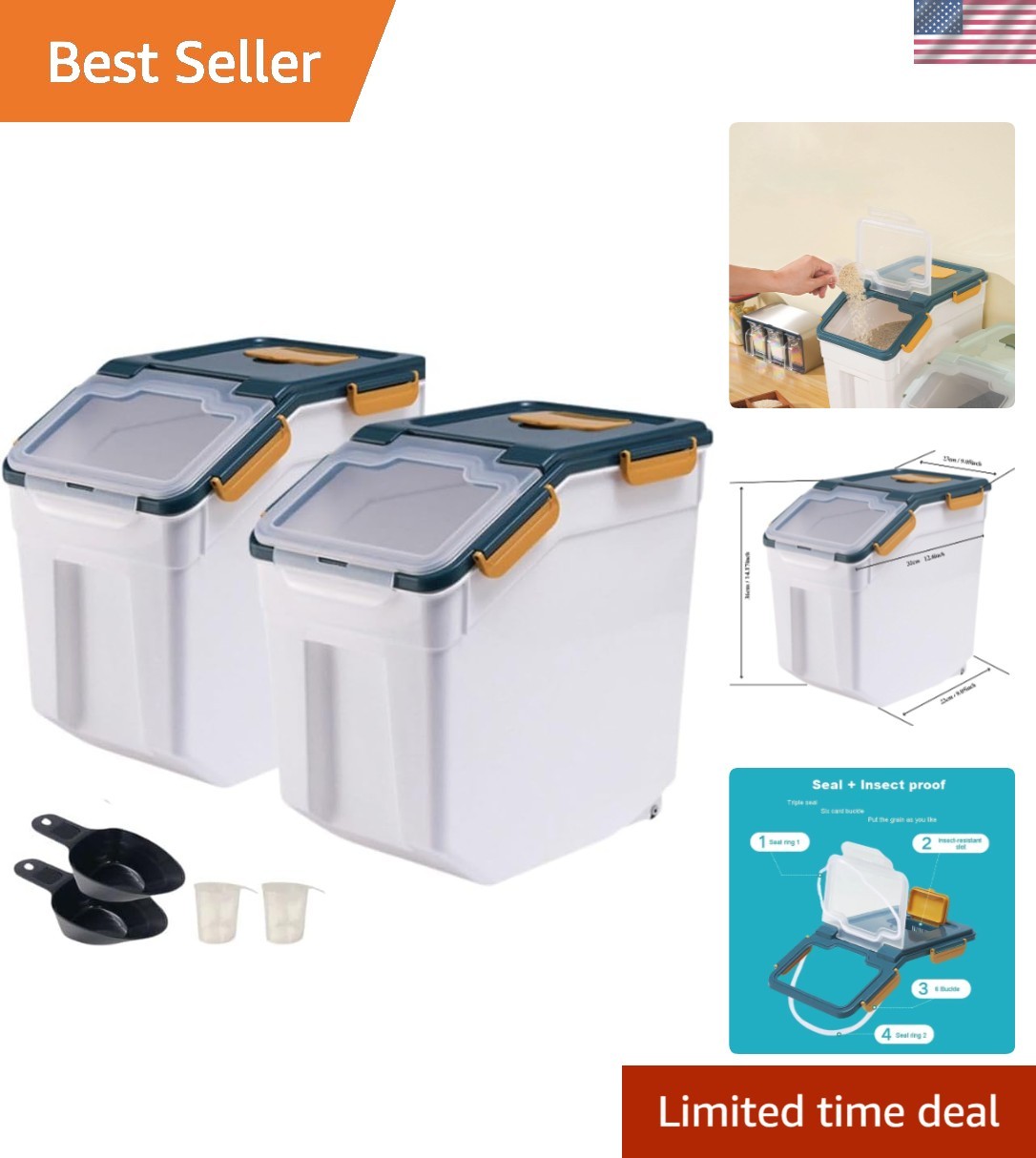 2-Pack 25lbs Airtight Rice Storage Container with Wheels & Measuring Tools