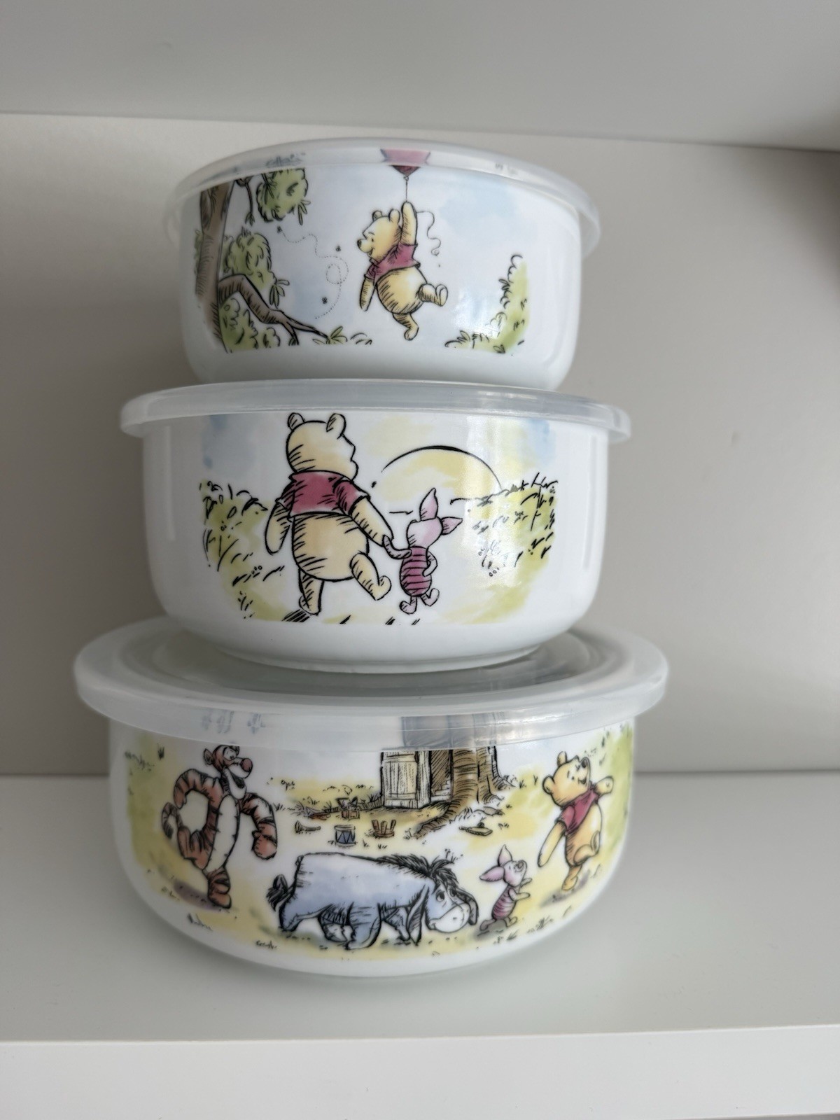 Disney Winnie the Pooh 3pc Ceramic Bowl Set 16oz Snap Lids Microwave Safe