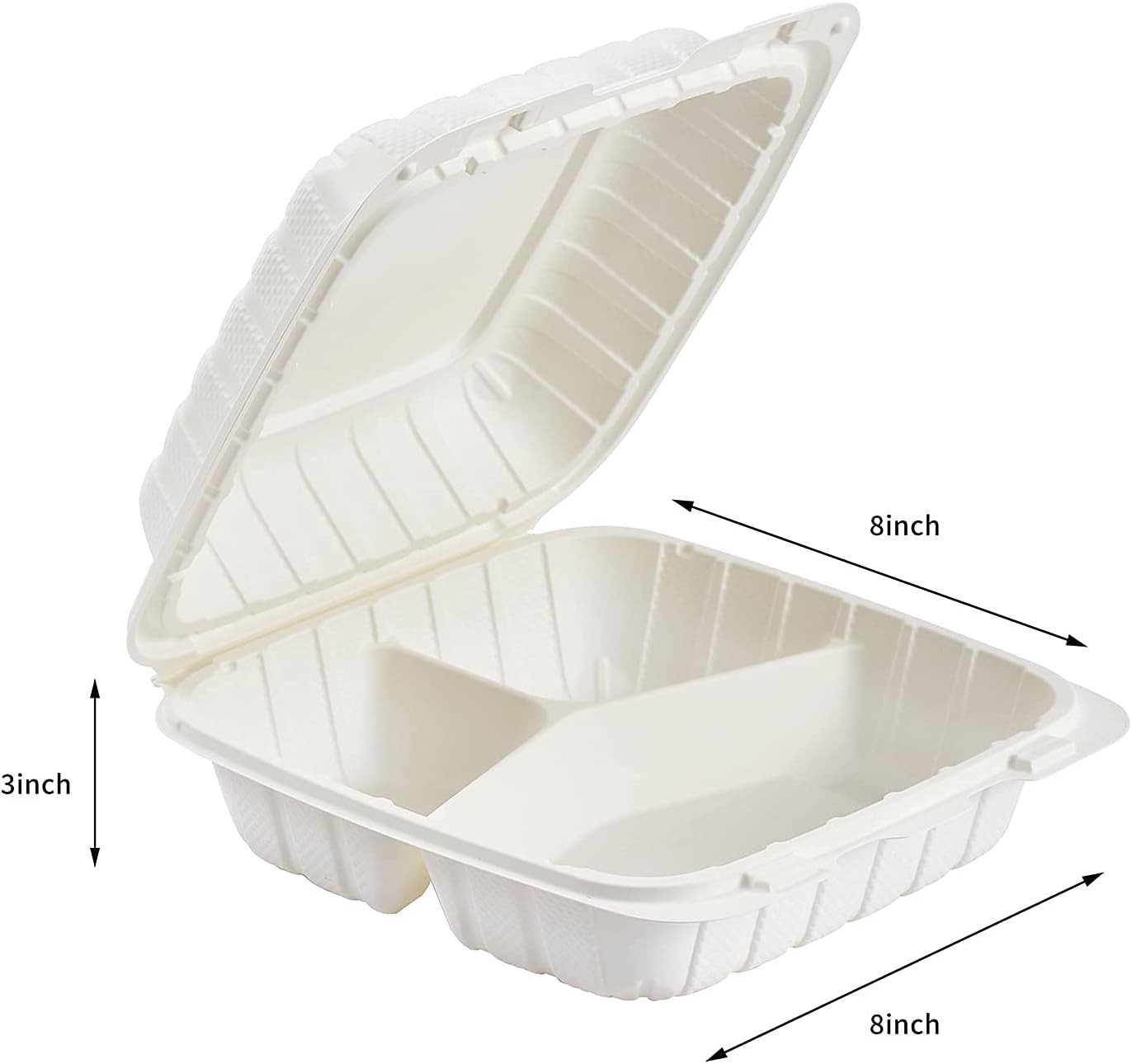 FULING 8x8in 3-Compartment 50-Pack Plastic Clamshell To-Go Lunch Box Disposable