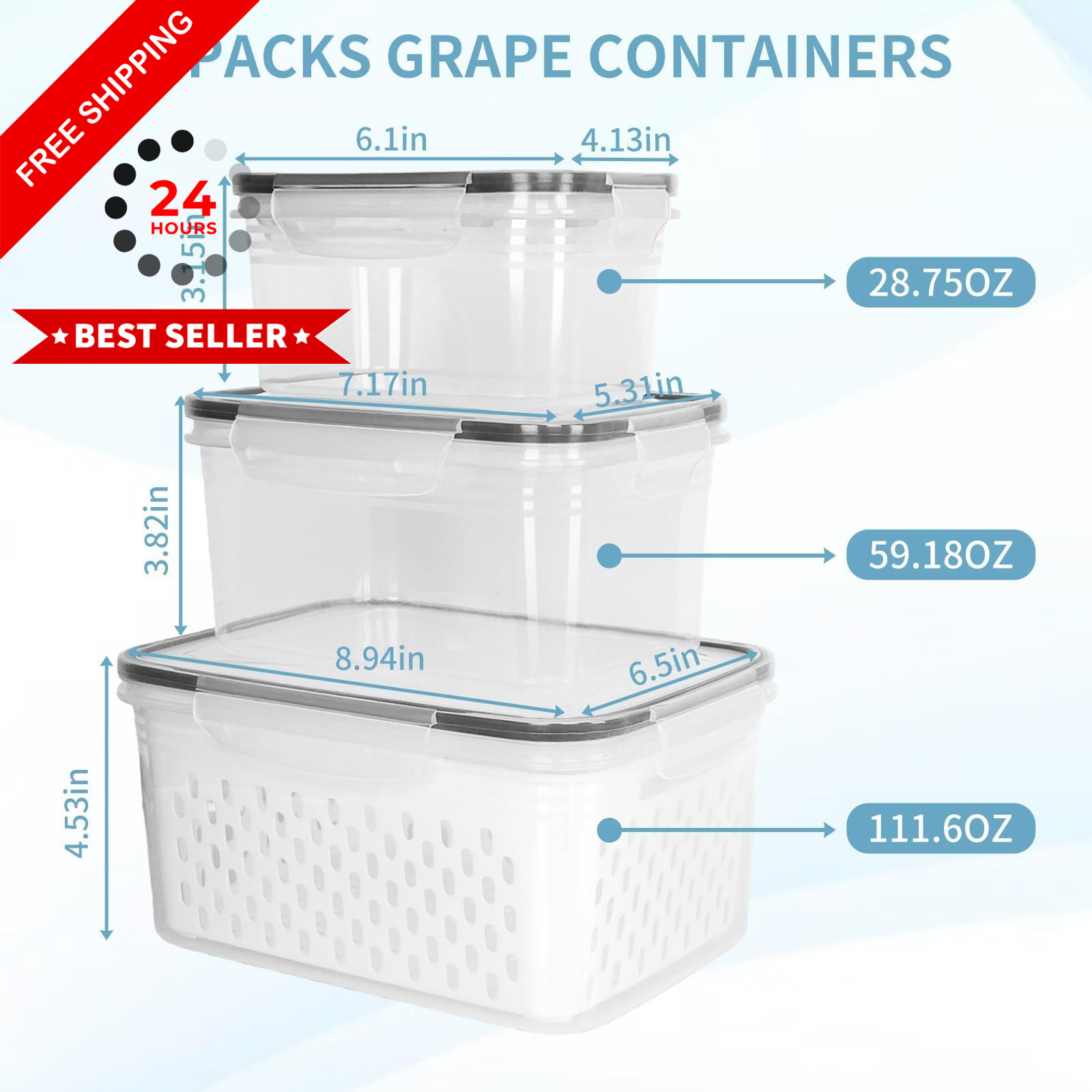Dukrouk Grape Container for Fridge,3PCS(0.9-13.5Qt) Standard, Clear