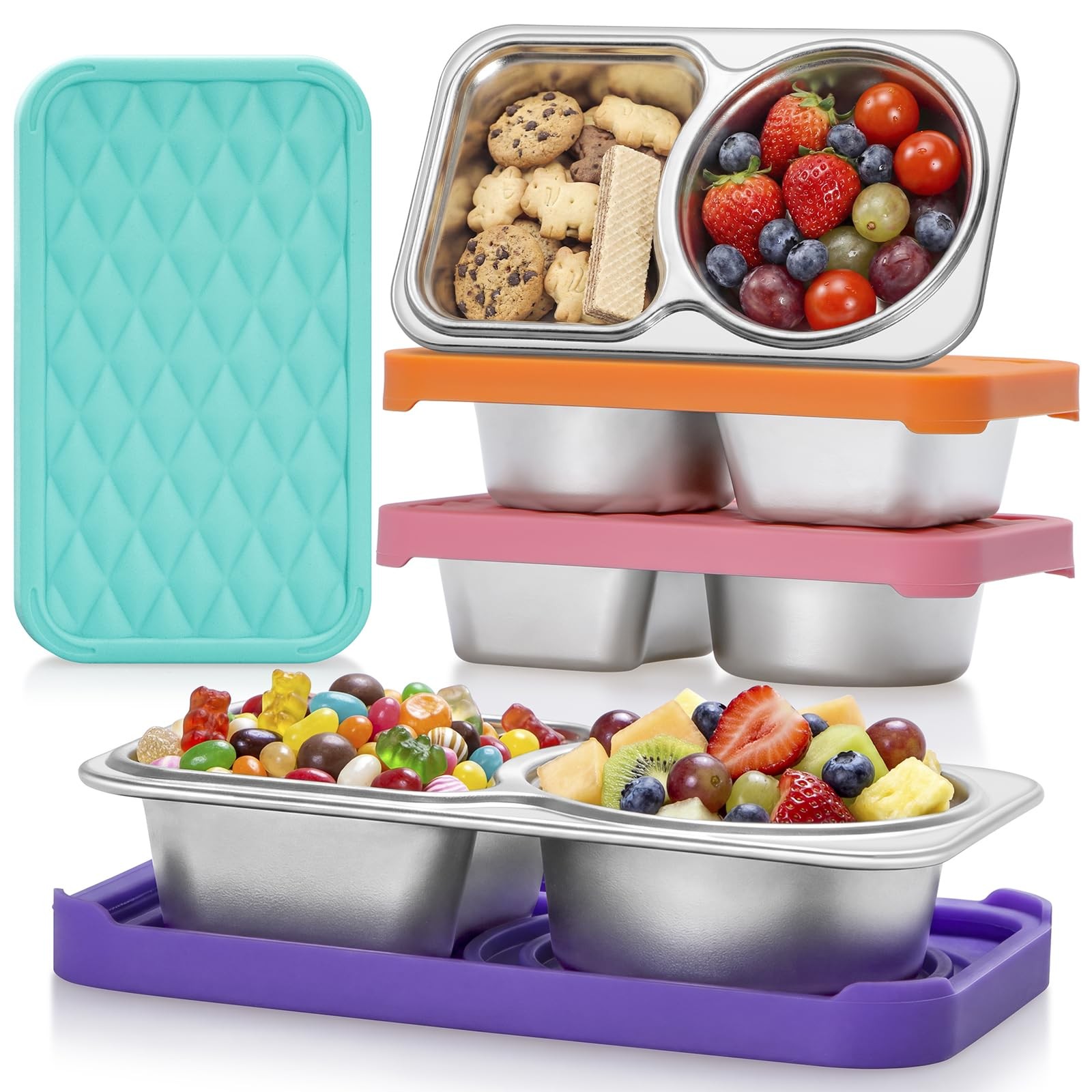4 PacK Stainless Steel Snack Containers with Silicone Lids, 2 Compartment Sna…