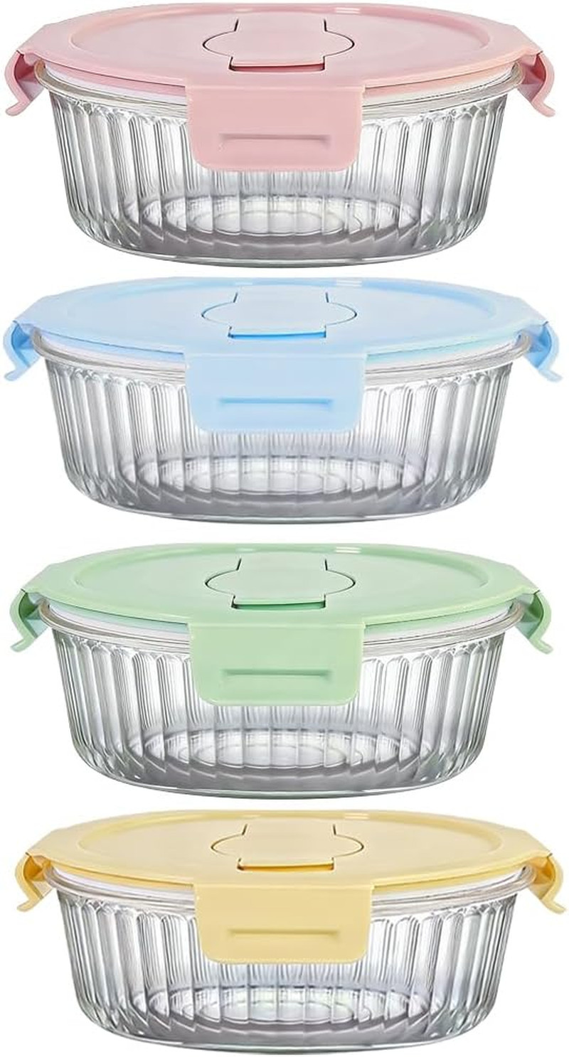12Oz round Glass Food Storage Containers with Lids and Foldable Cutlery, 1.5 Cup