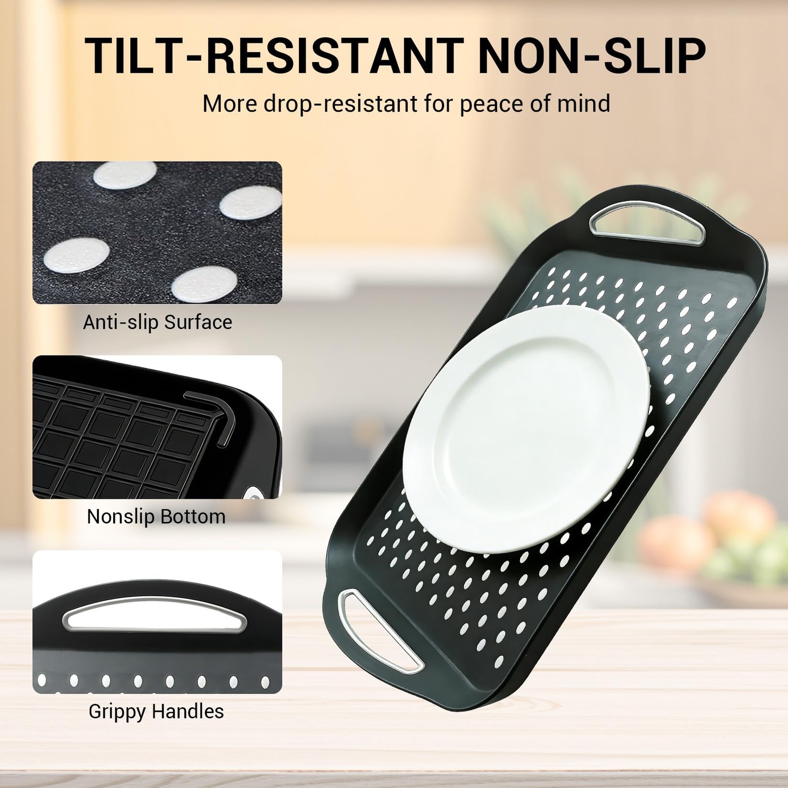 Large Non-Slip Tray with Handle, Black PP+TPR Lap Tray, 15.5×11.5 Inch, Dual …