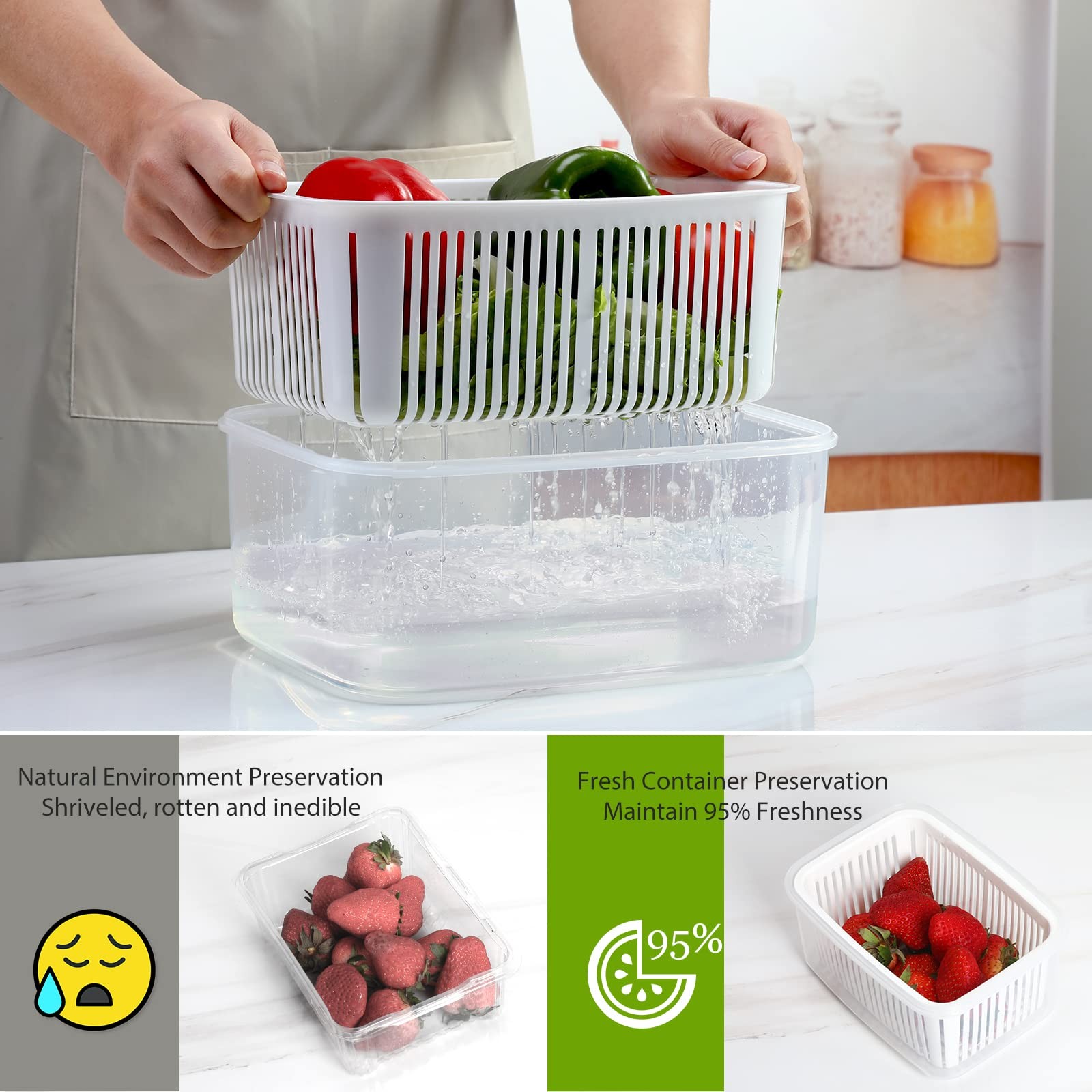 Fruit Vegetable Produce Storage Saver Containers with Lid & Colander 4 Packs …