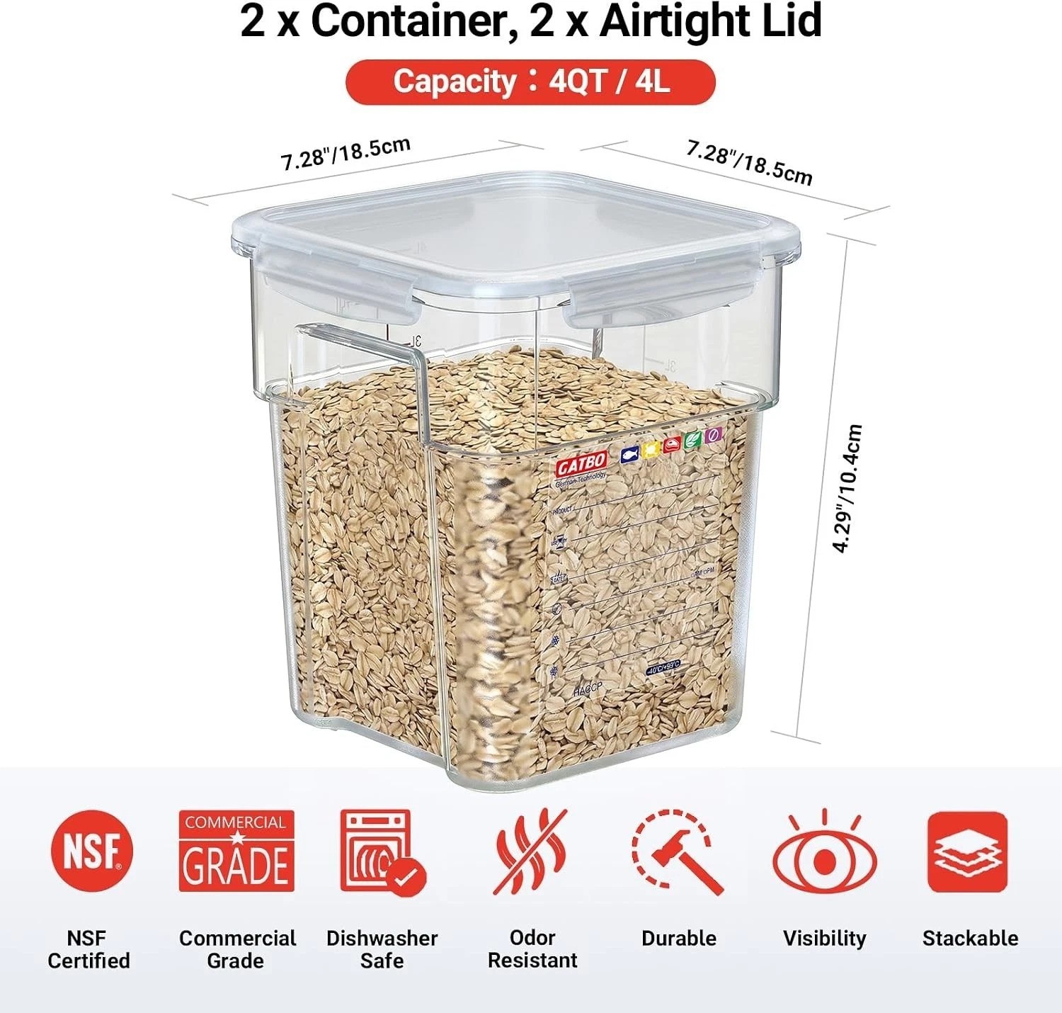 2 Pack 4 QT Airtight Commercial Food Storage Containers, Clear Food Storage C…