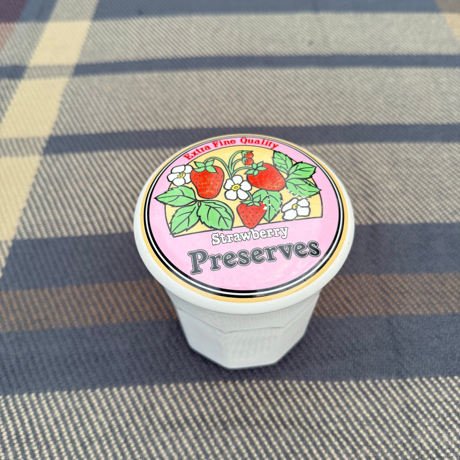 Vintage canister jar storage container with strawberry preserves design