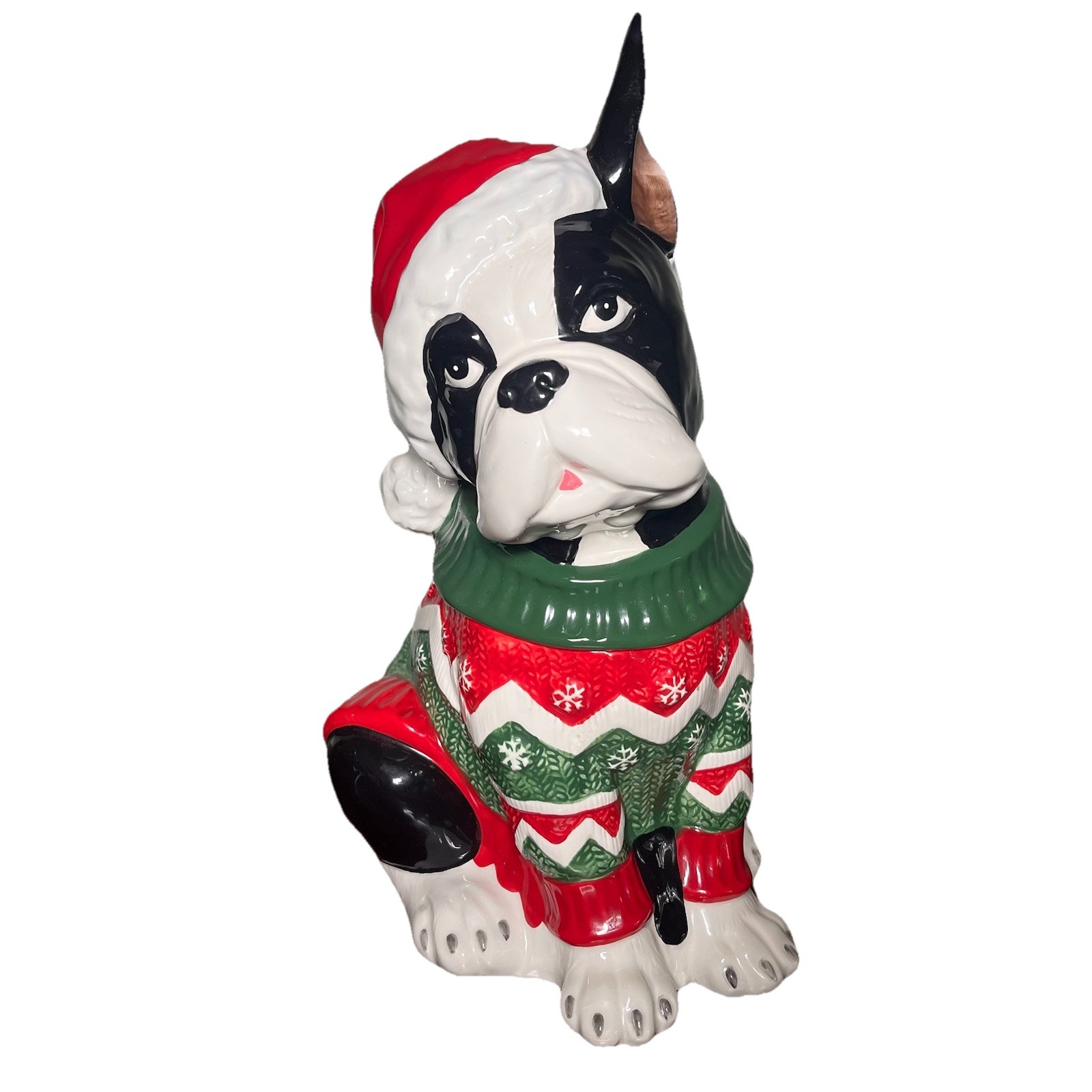 Blue Sky Clay Works Boston Terrier Christmas Cookie Jar Santa Hat Sweater 13.5”