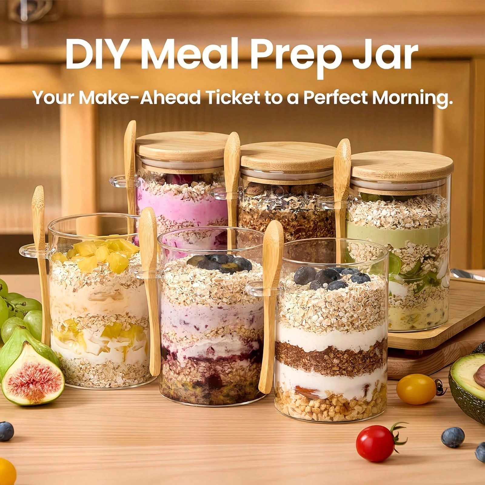 4 Pack 17oz Glass Food Storage Containers with Bamboo Lids for Oats Salad Tea