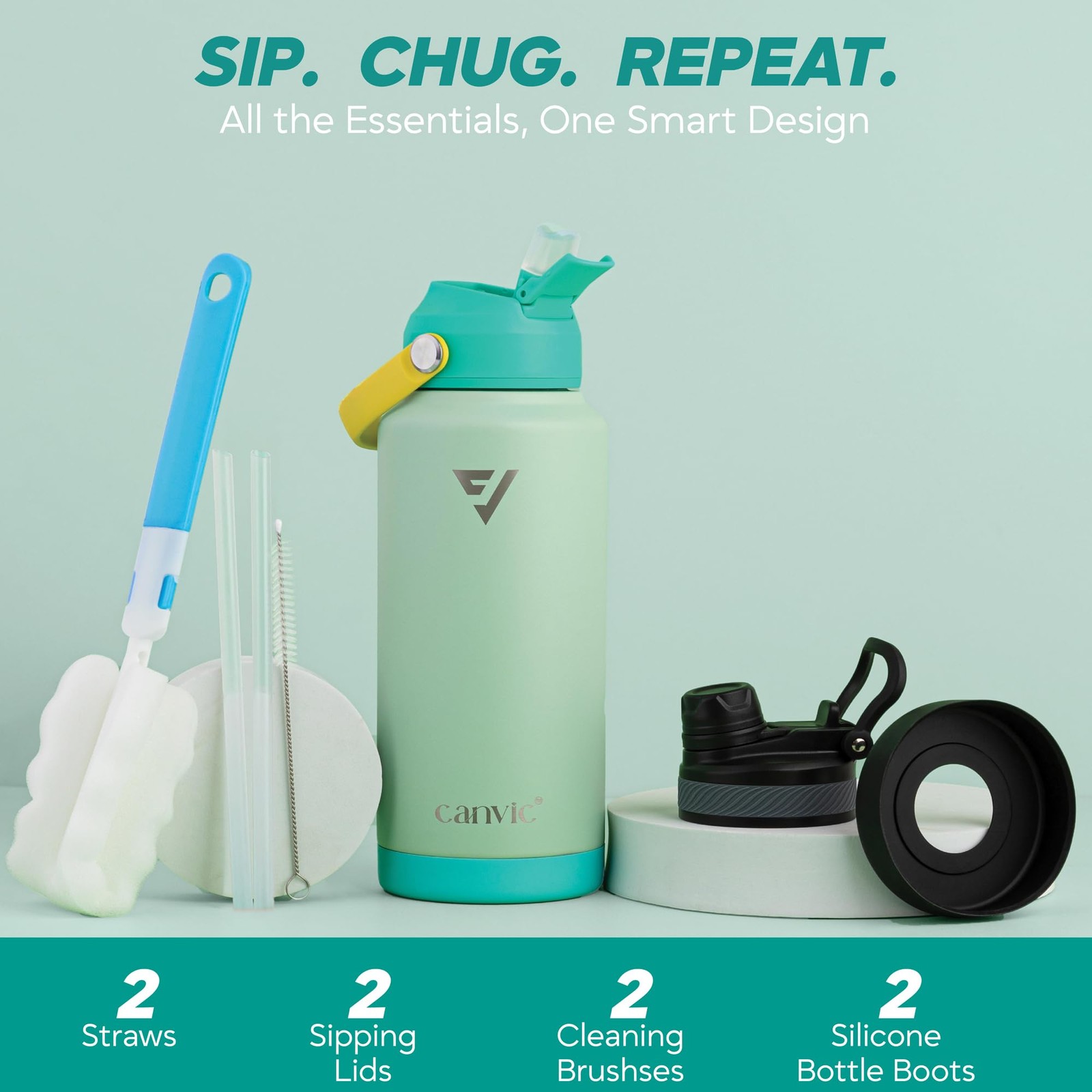 Canvic Dualsip 32Oz Vacuum Insulated Stainless Steel Water Bottle 2 Leakproof
